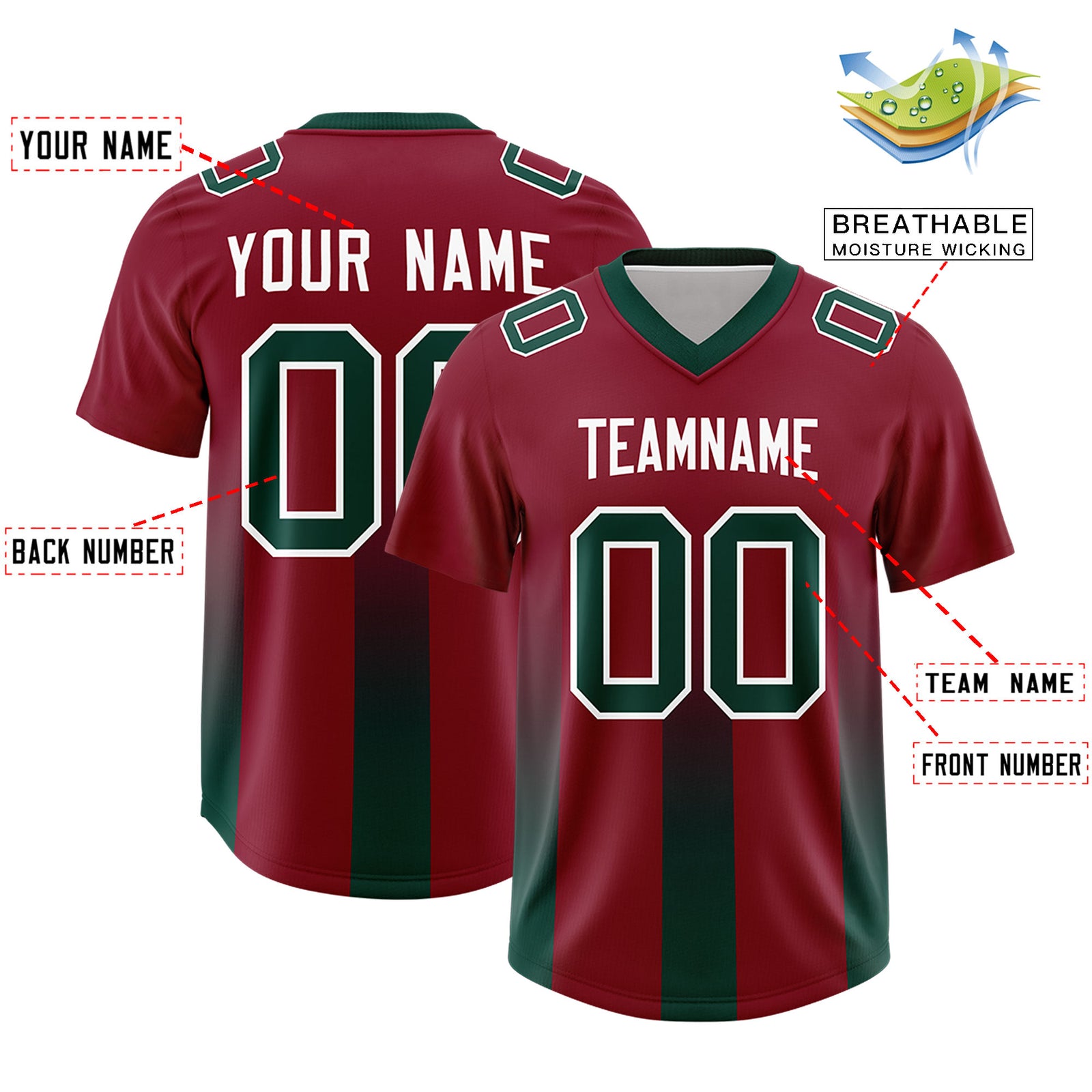 Custom Cardinal Midnight Green Vertical Width Stripe Gradient Fashion Personalized Team Football Jersey
