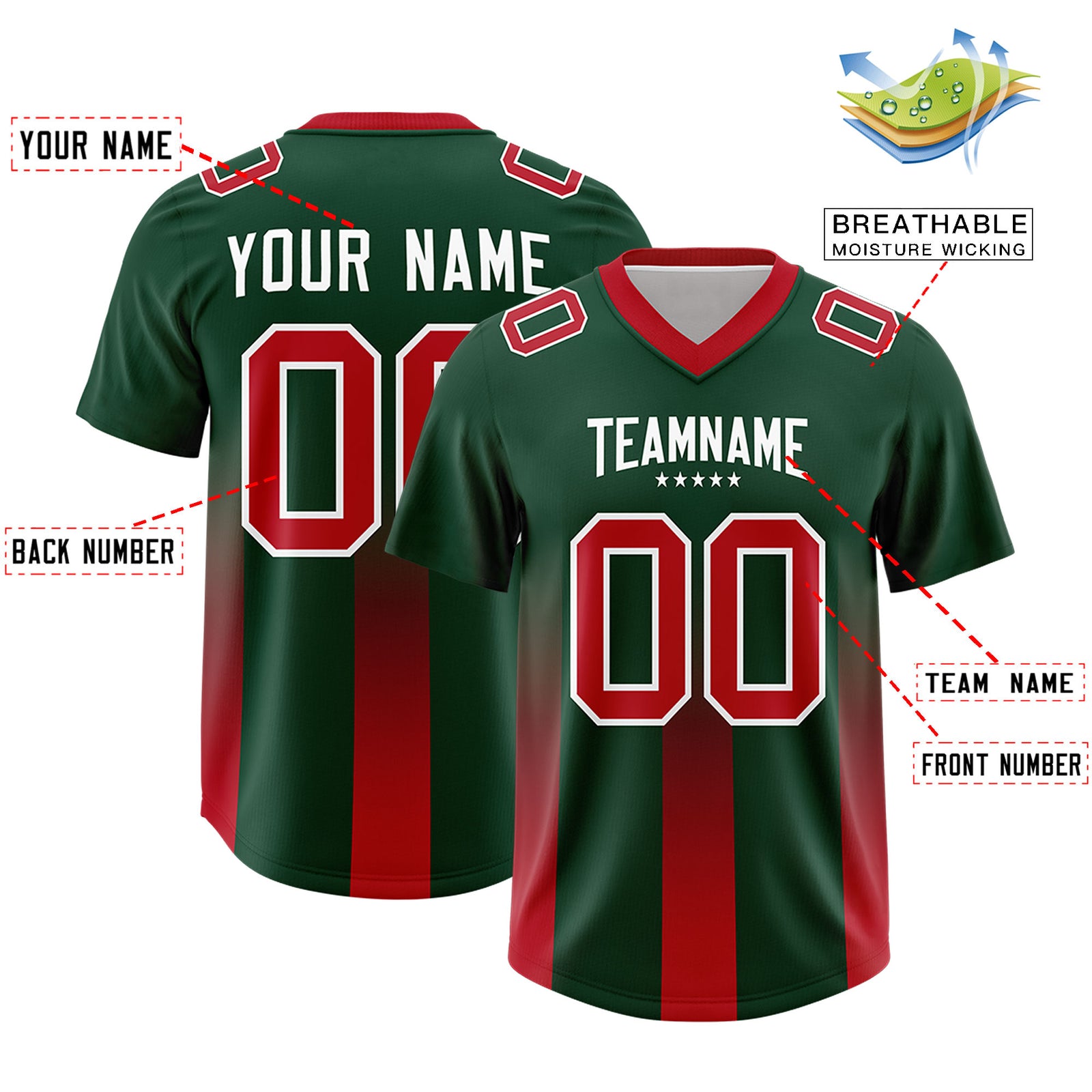 Custom Green Red Vertical Width Stripe Gradient Fashion Personalized Team Football Jersey