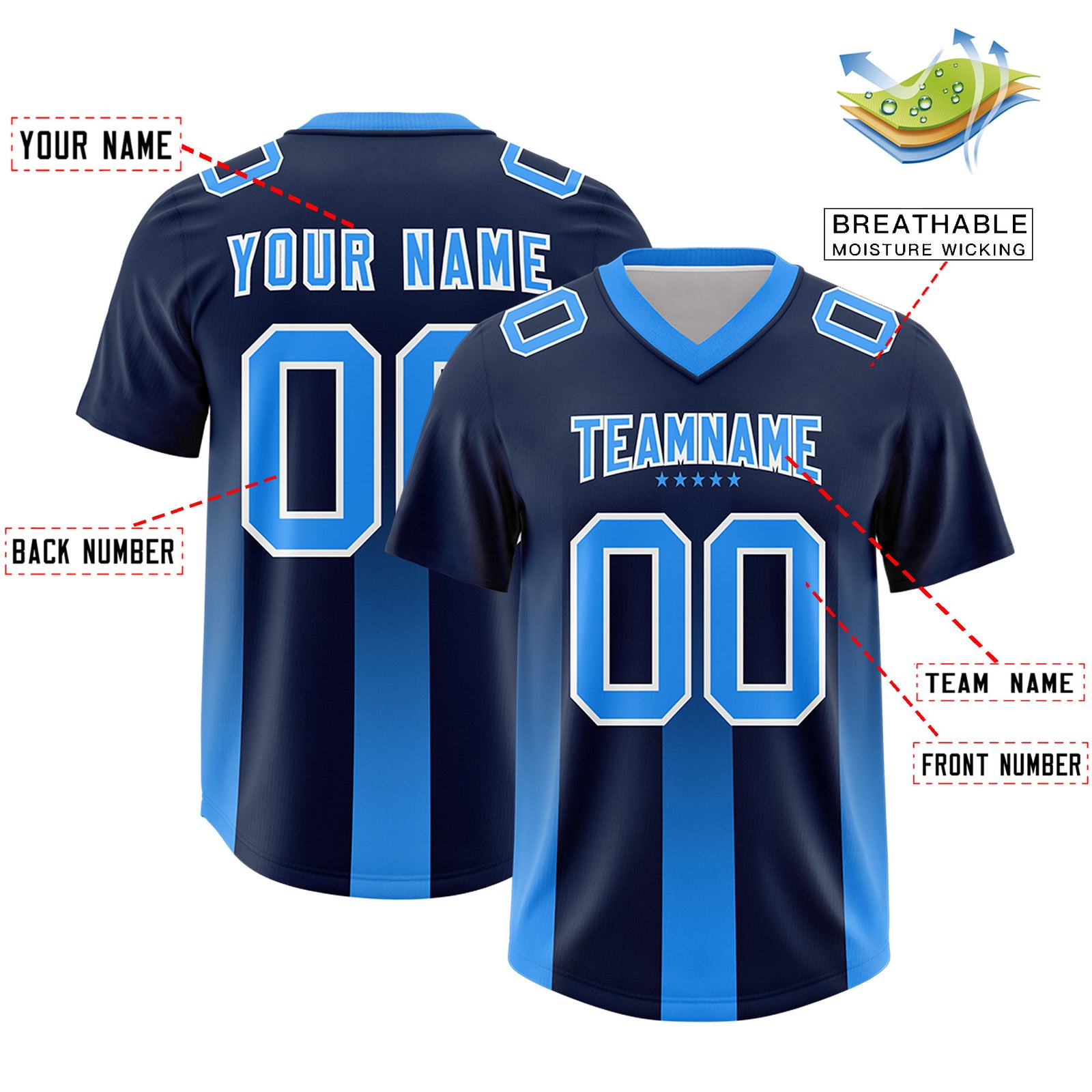 Custom Navy Light Blue Vertical Width Stripe Gradient Fashion Personalized Team Football Jersey