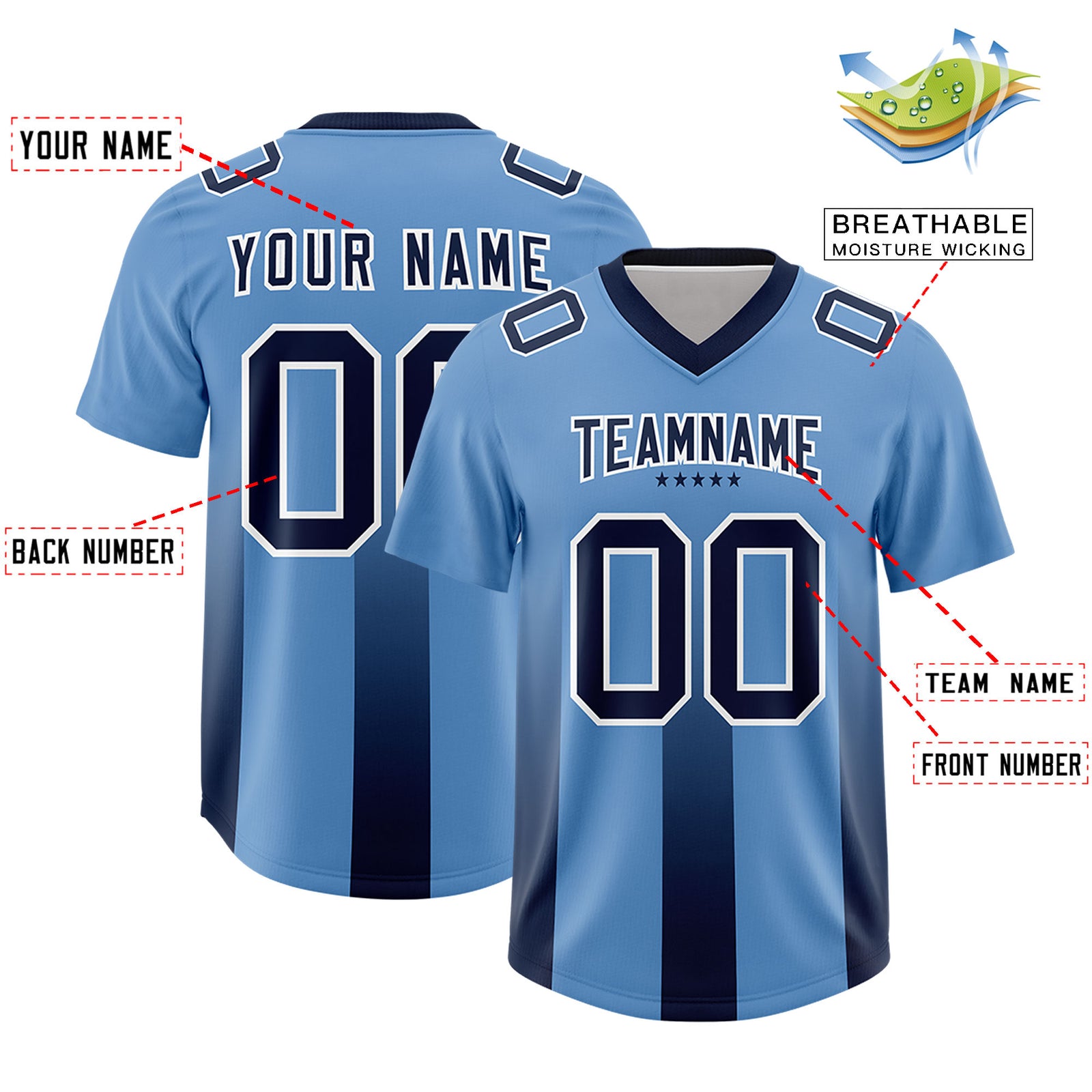 Custom Powder Blue Navy Vertical Width Stripe Gradient Fashion Personalized Team Football Jersey