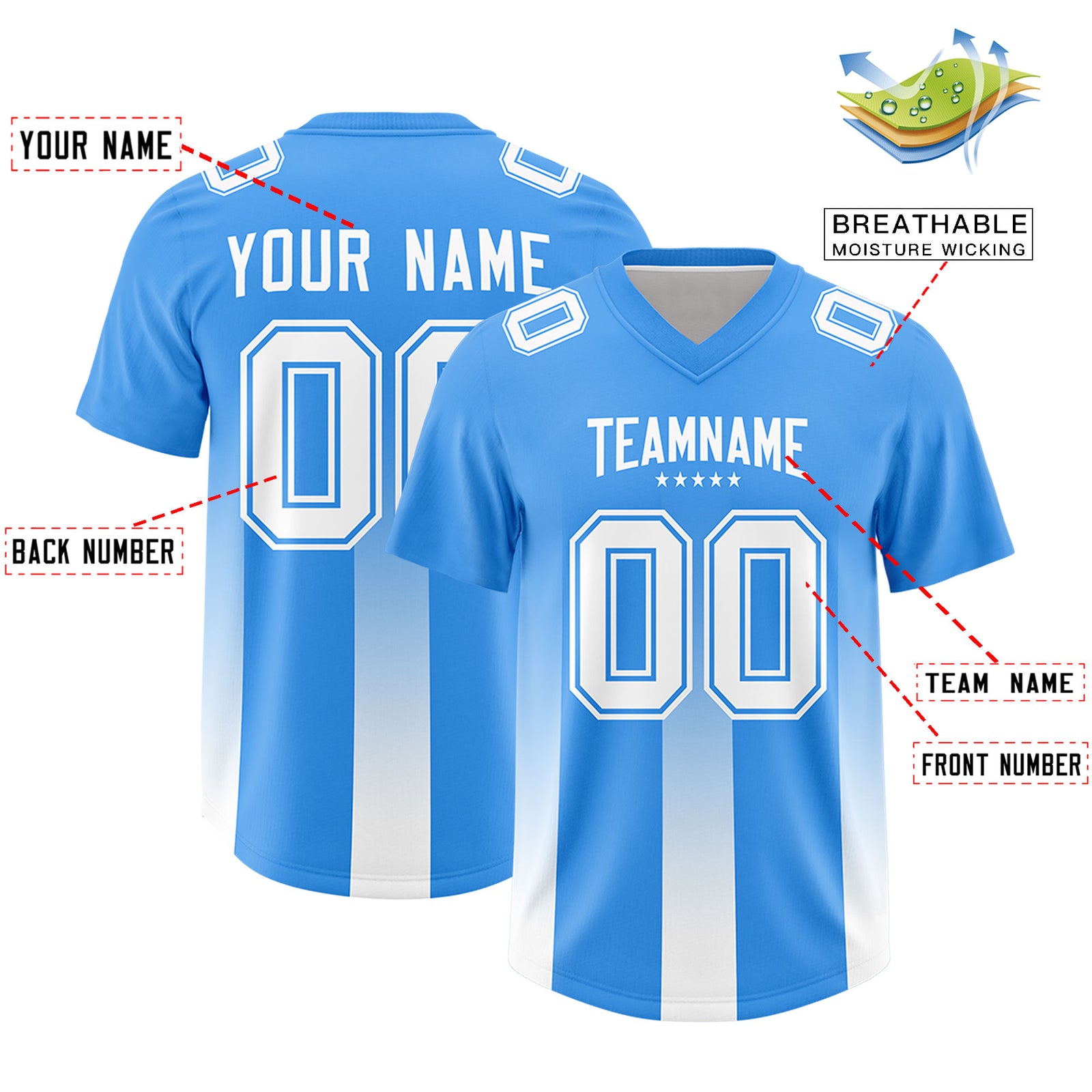 Custom Light Blue White Vertical Width Stripe Gradient Fashion Personalized Team Football Jersey
