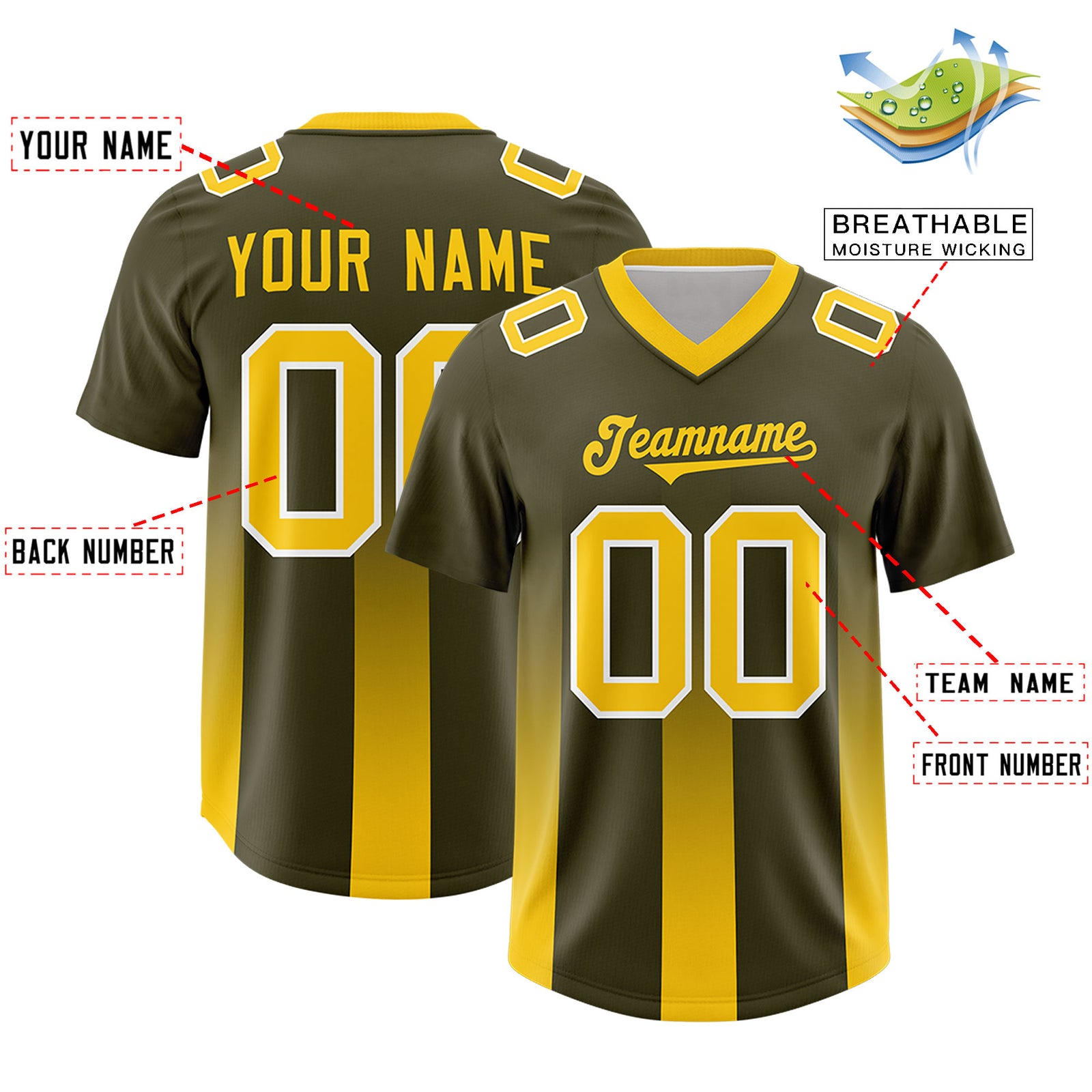 Custom Olive Yellow Vertical Width Stripe Gradient Fashion Personalized Team Football Jersey