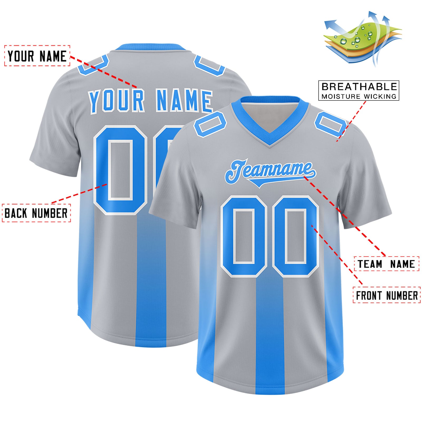 Custom Gray Light Blue Vertical Width Stripe Gradient Fashion Personalized Team Football Jersey