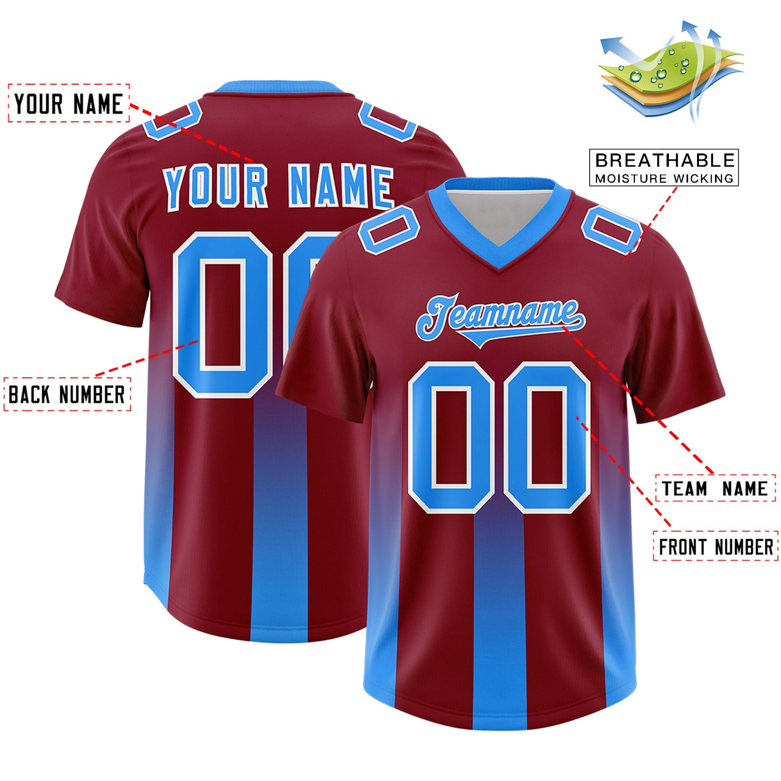 Custom Cardinal Light Blue Vertical Width Stripe Gradient Fashion Personalized Team Football Jersey