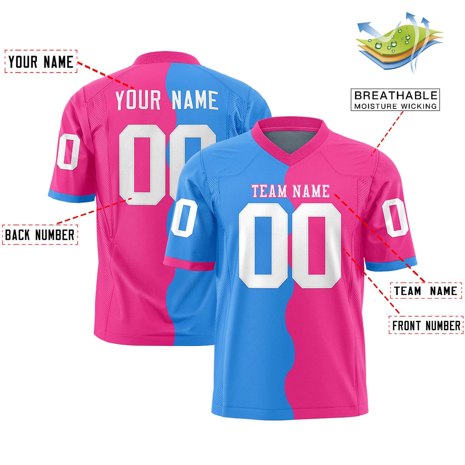 Custom Pink Powder Blue Split Fashion Mesh Authentic Football Jersey
