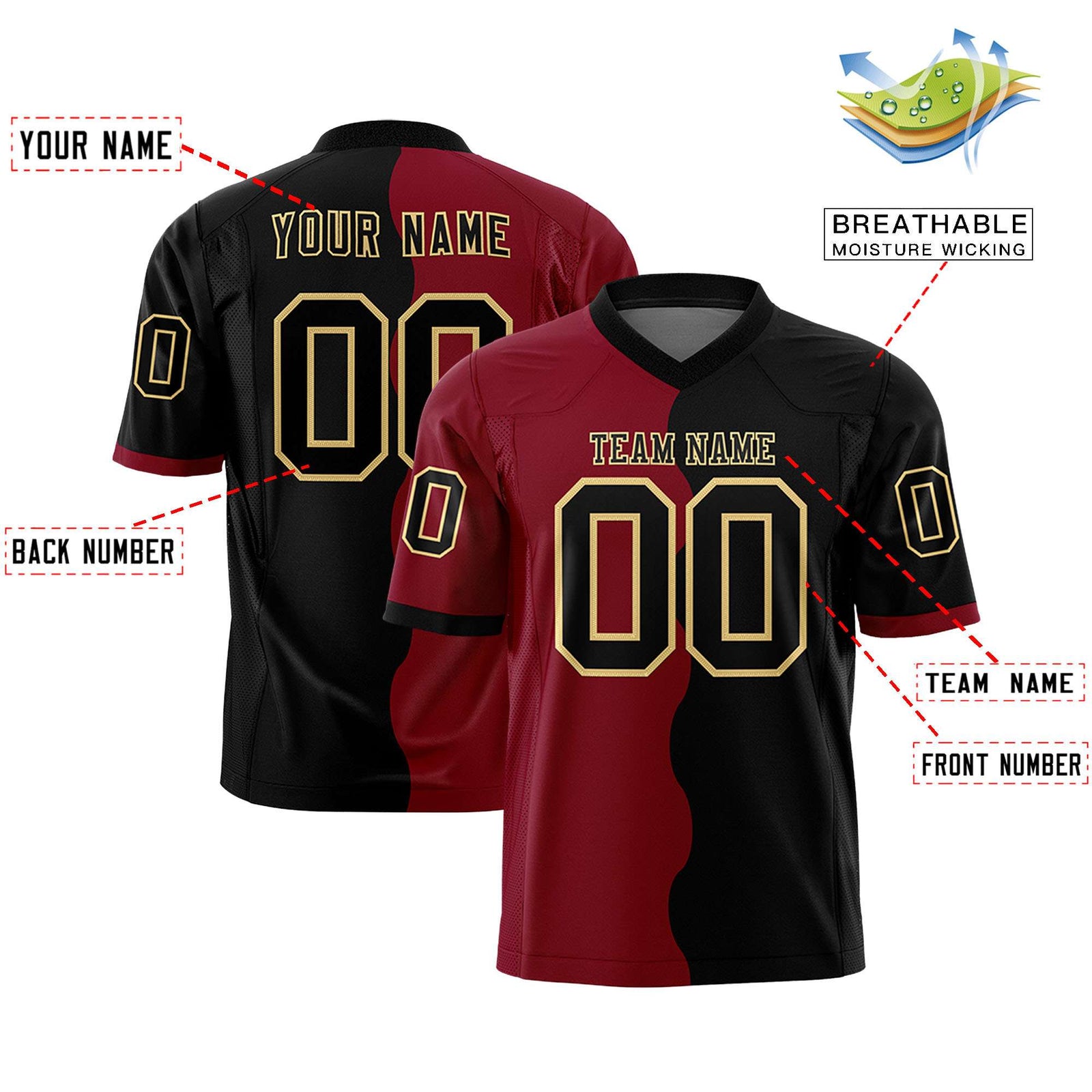 Custom Black Crimson Split Fashion Mesh Authentic Football Jersey