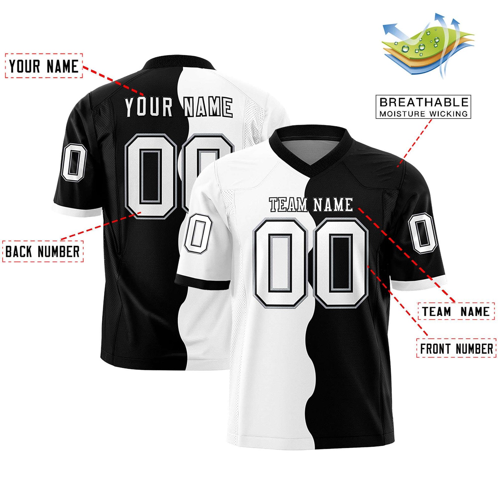 Custom Black White Split Fashion Mesh Authentic Football Jersey