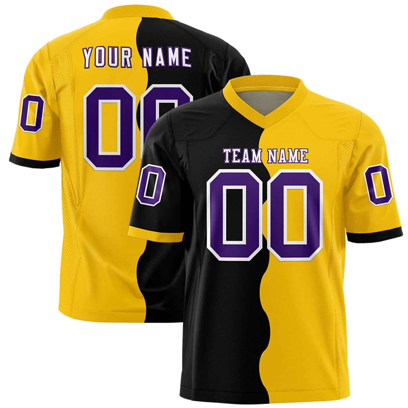 Custom Gold Black Split Fashion Mesh Authentic Football Jersey