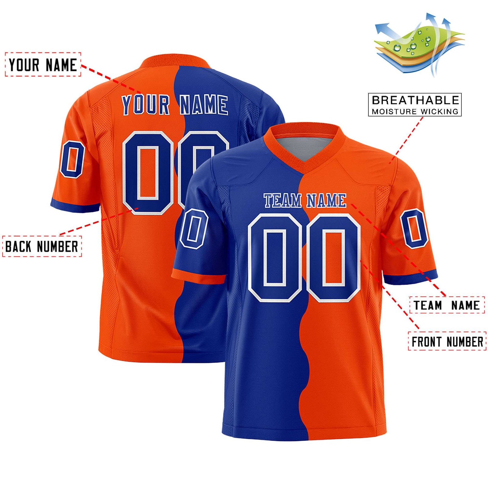Custom Orange Royal Split Fashion Mesh Authentic Football Jersey