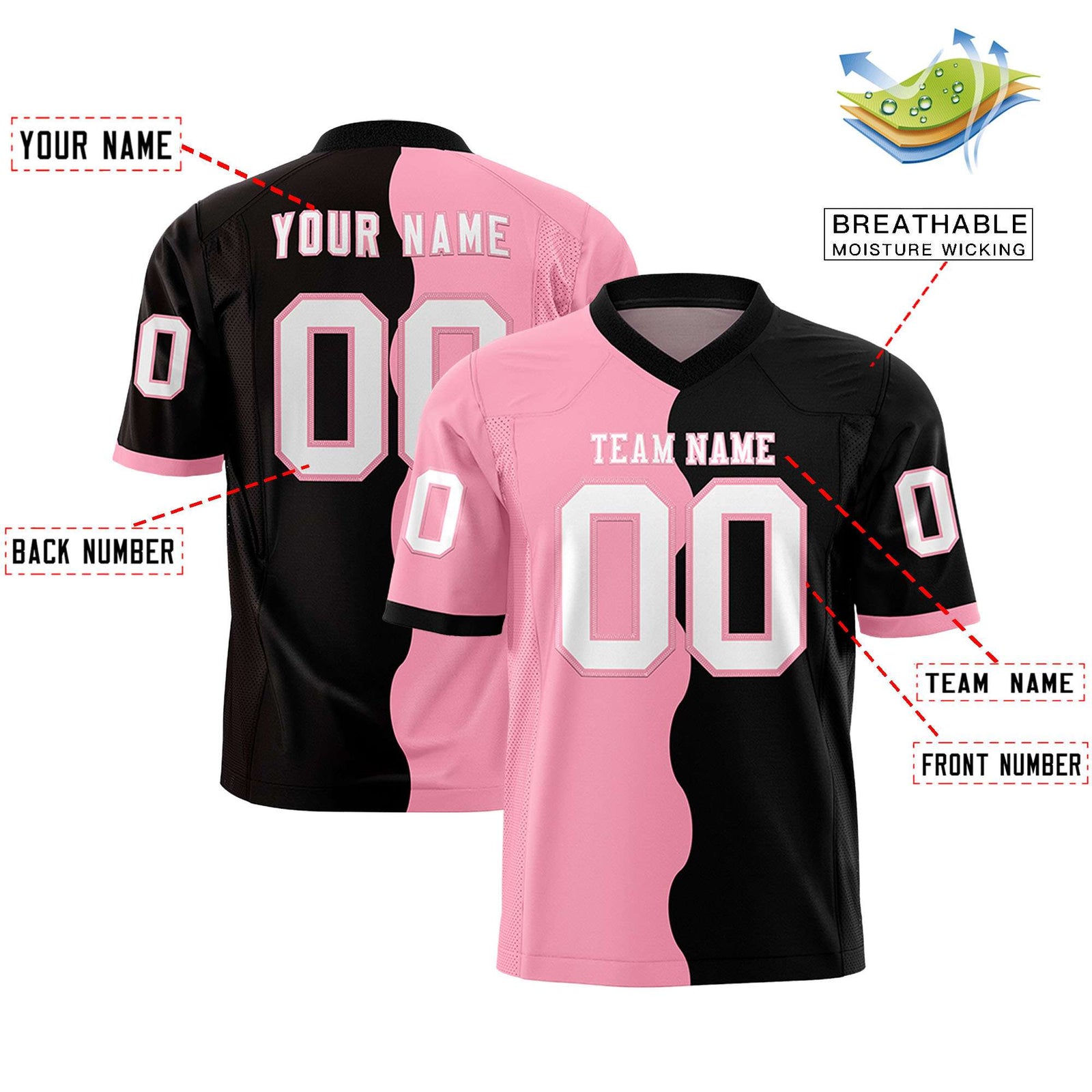 Custom Black Light Pink Split Fashion Mesh Authentic Football Jersey