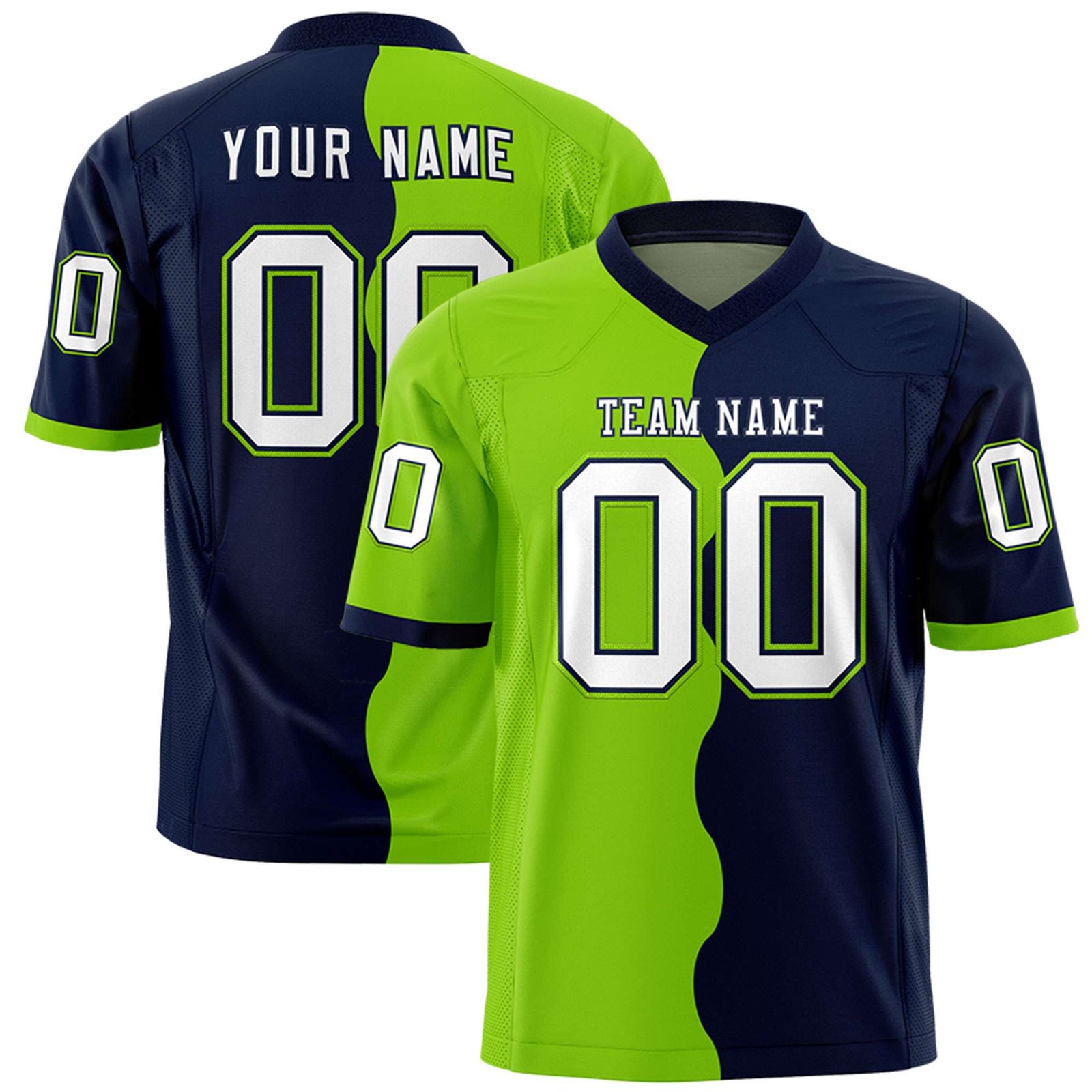 Custom Navy Neon Green Split Fashion Mesh Authentic Football Jersey