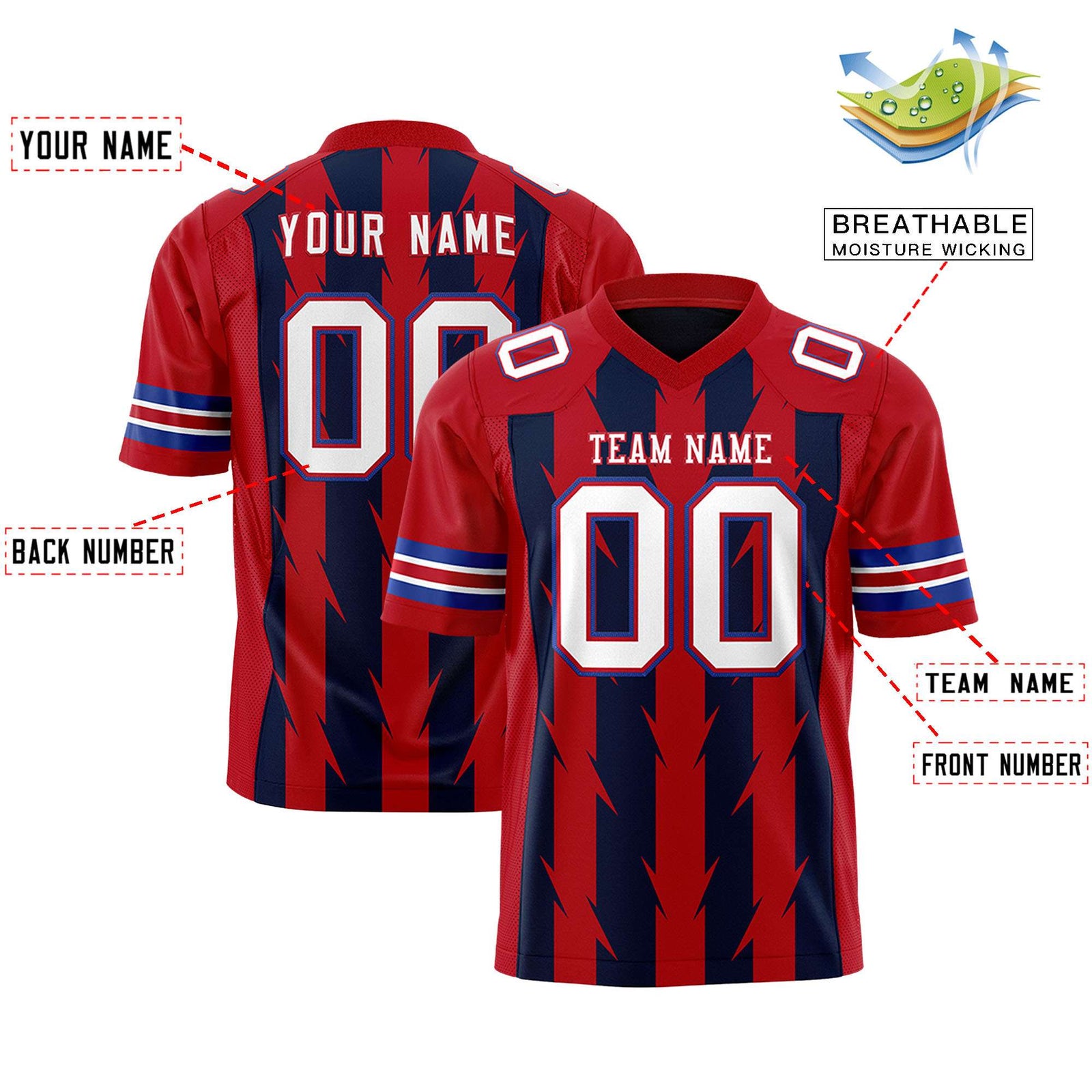 Custom Navy and Red Graffiti Pattern Practice Flag Football Jerseys For Youth & Mens| KXKSHOP
