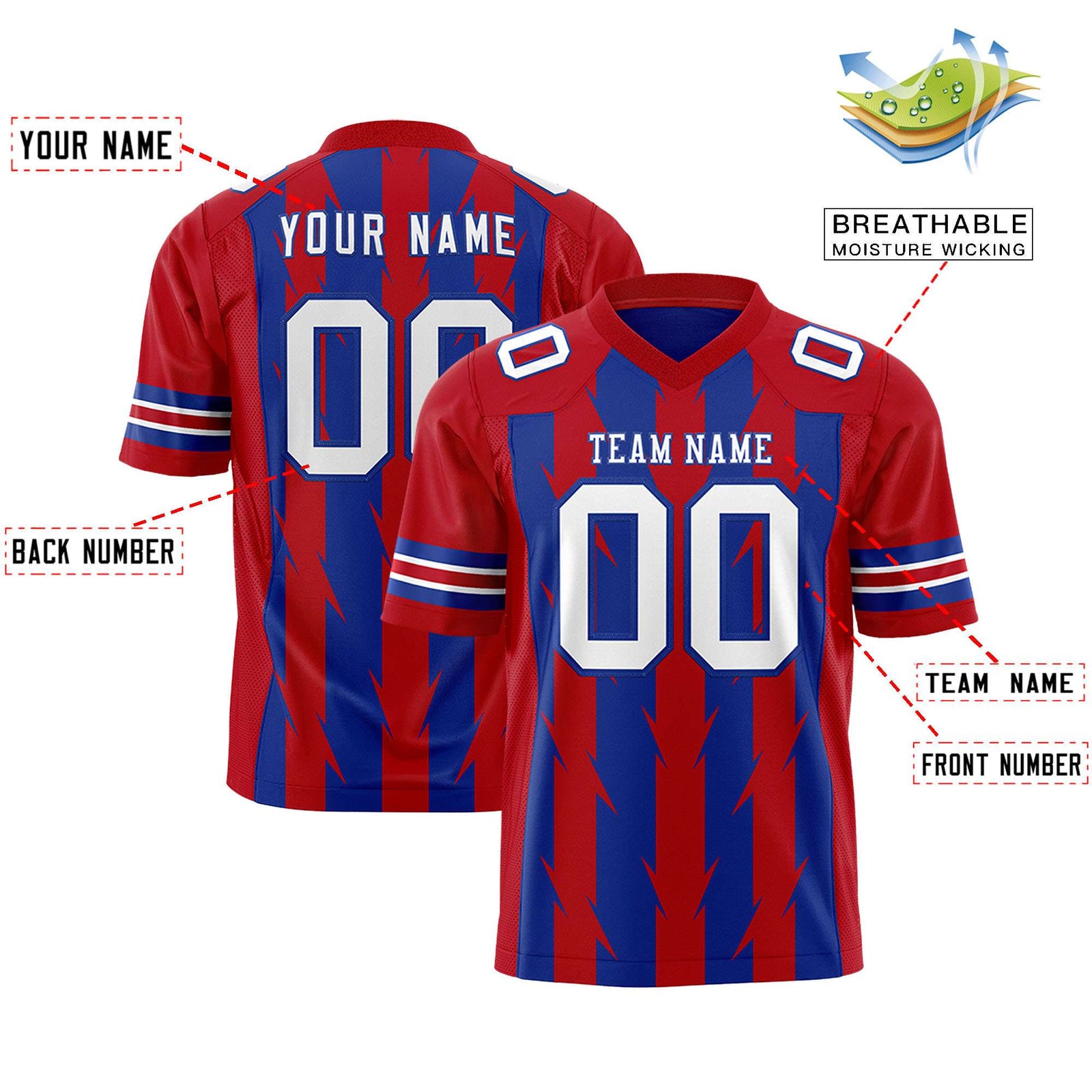 Custom Royal and Red Graffiti Pattern Practice Flag Football Jerseys For Youth & Mens| KXKSHOP