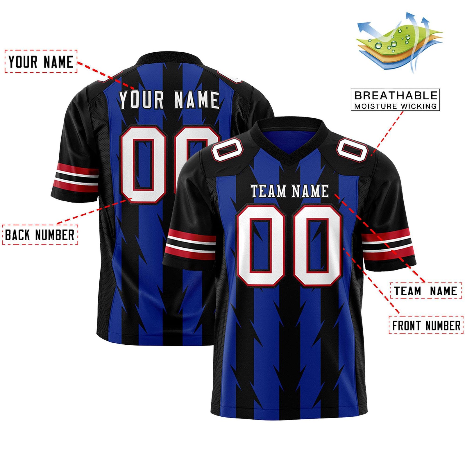 Custom Royal and Black Graffiti Pattern Practice Flag Football Jerseys For Youth & Mens| KXKSHOP