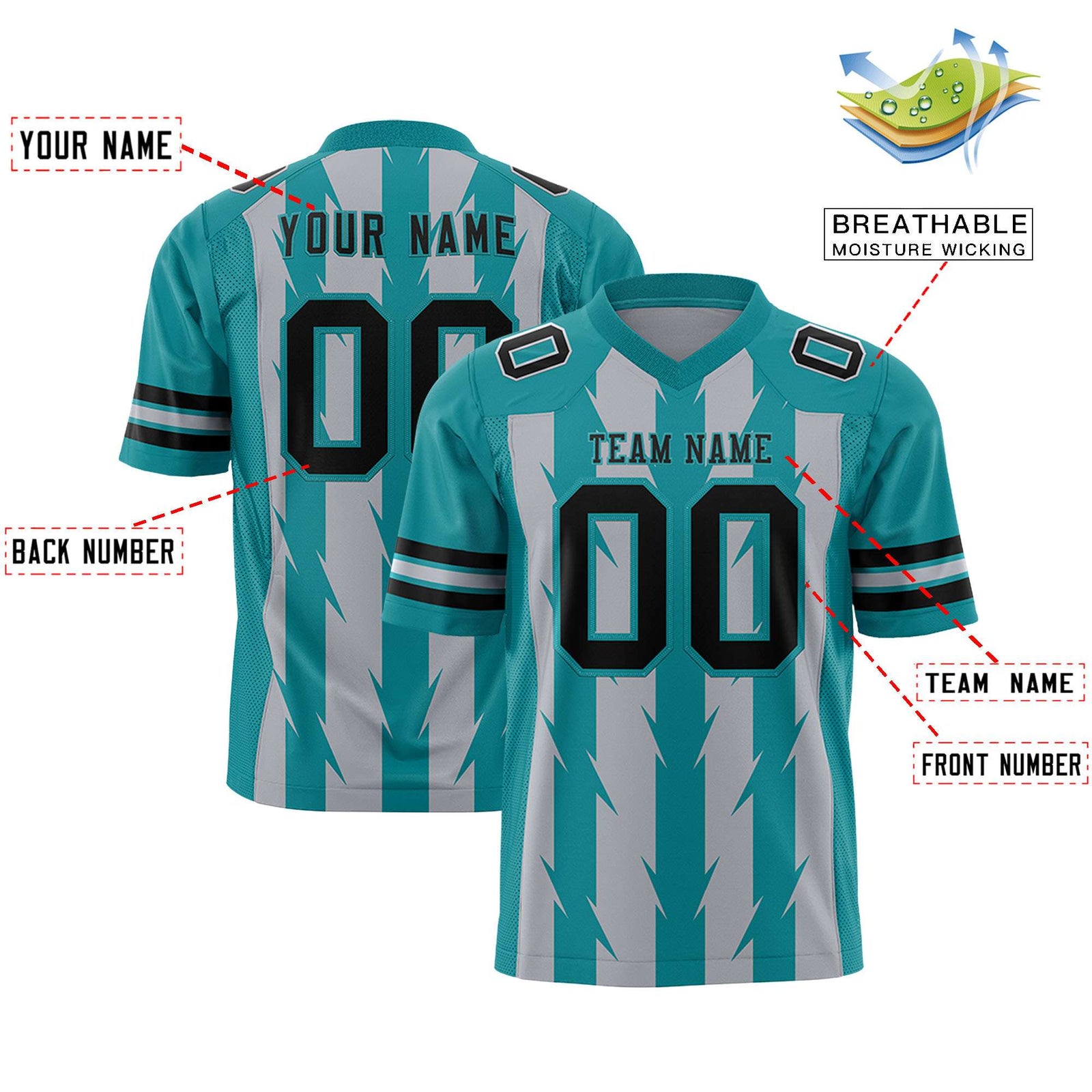 Custom Gray and Aqua Graffiti Pattern Practice Flag Football Jerseys For Youth & Mens| KXKSHOP