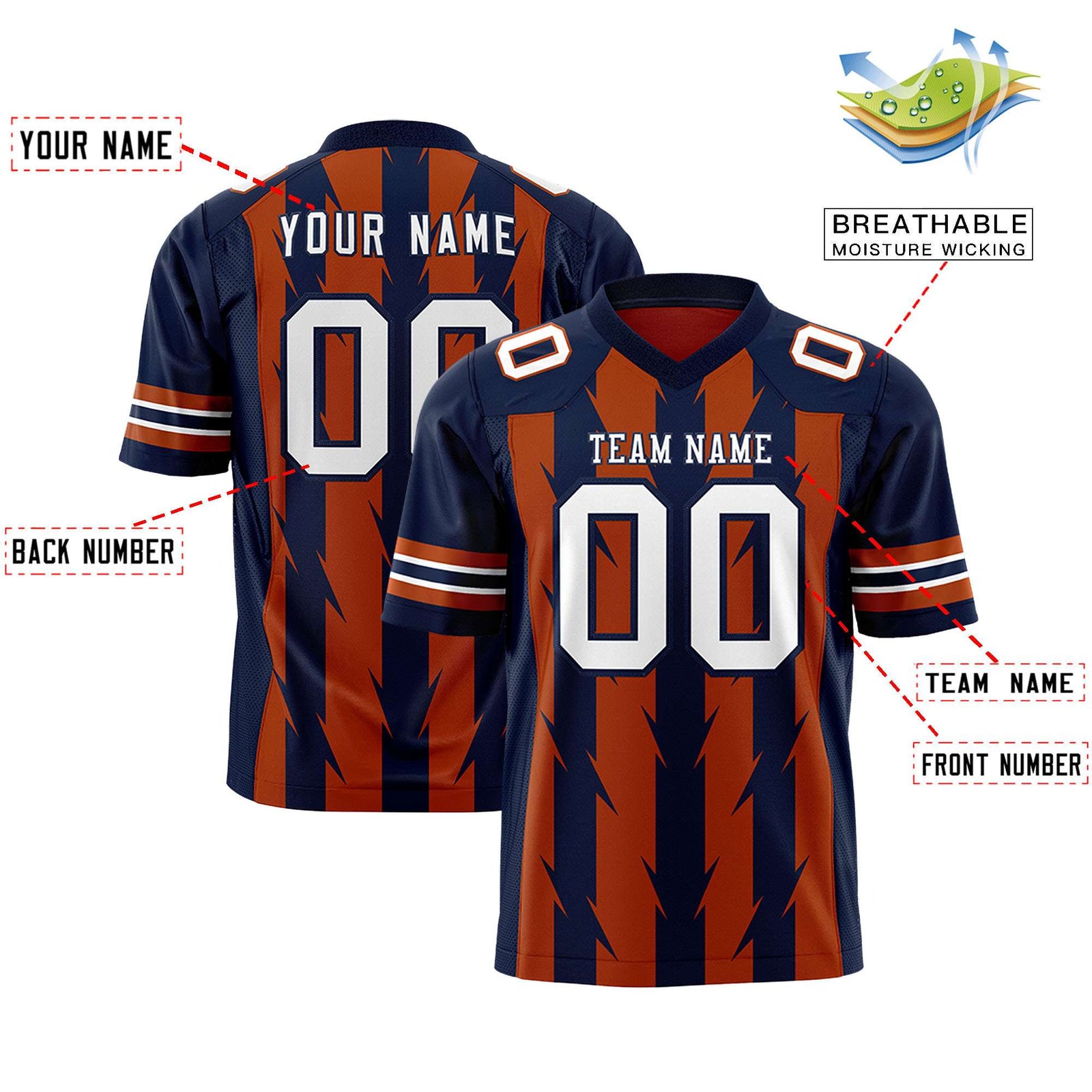 Custom Texas Orange and Navy Graffiti Pattern Practice Flag Football Jerseys For Youth & Mens| KXKSHOP