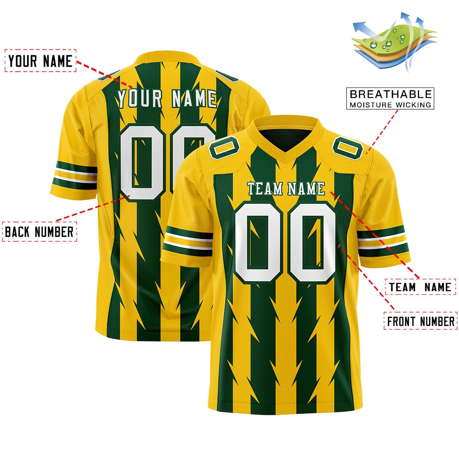Custom Green and Gold Graffiti Pattern Practice Flag Football Jerseys For Youth & Mens| KXKSHOP
