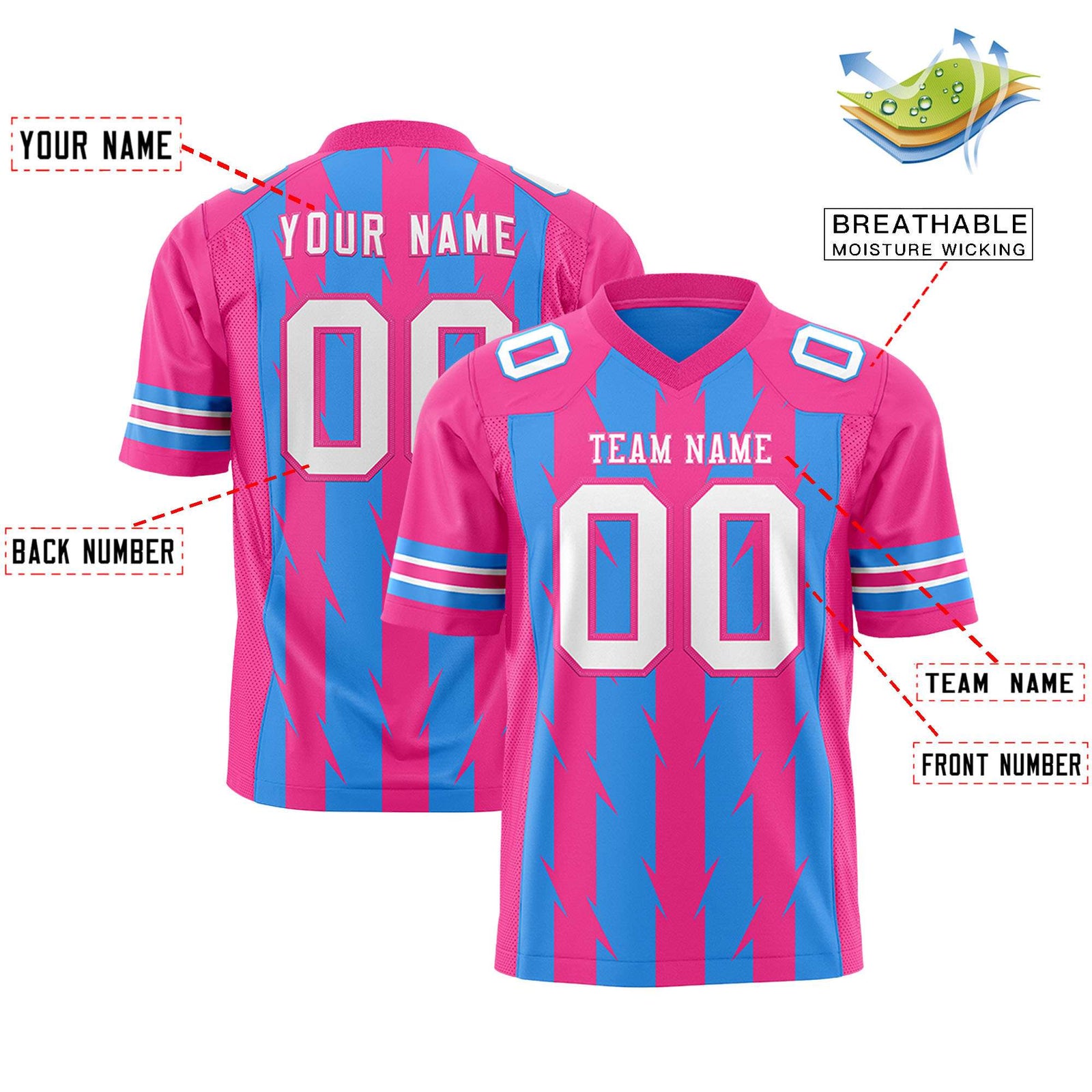 Custom Powder Blue and Pink Graffiti Pattern Practice Flag Football Jerseys For Youth & Mens| KXKSHOP