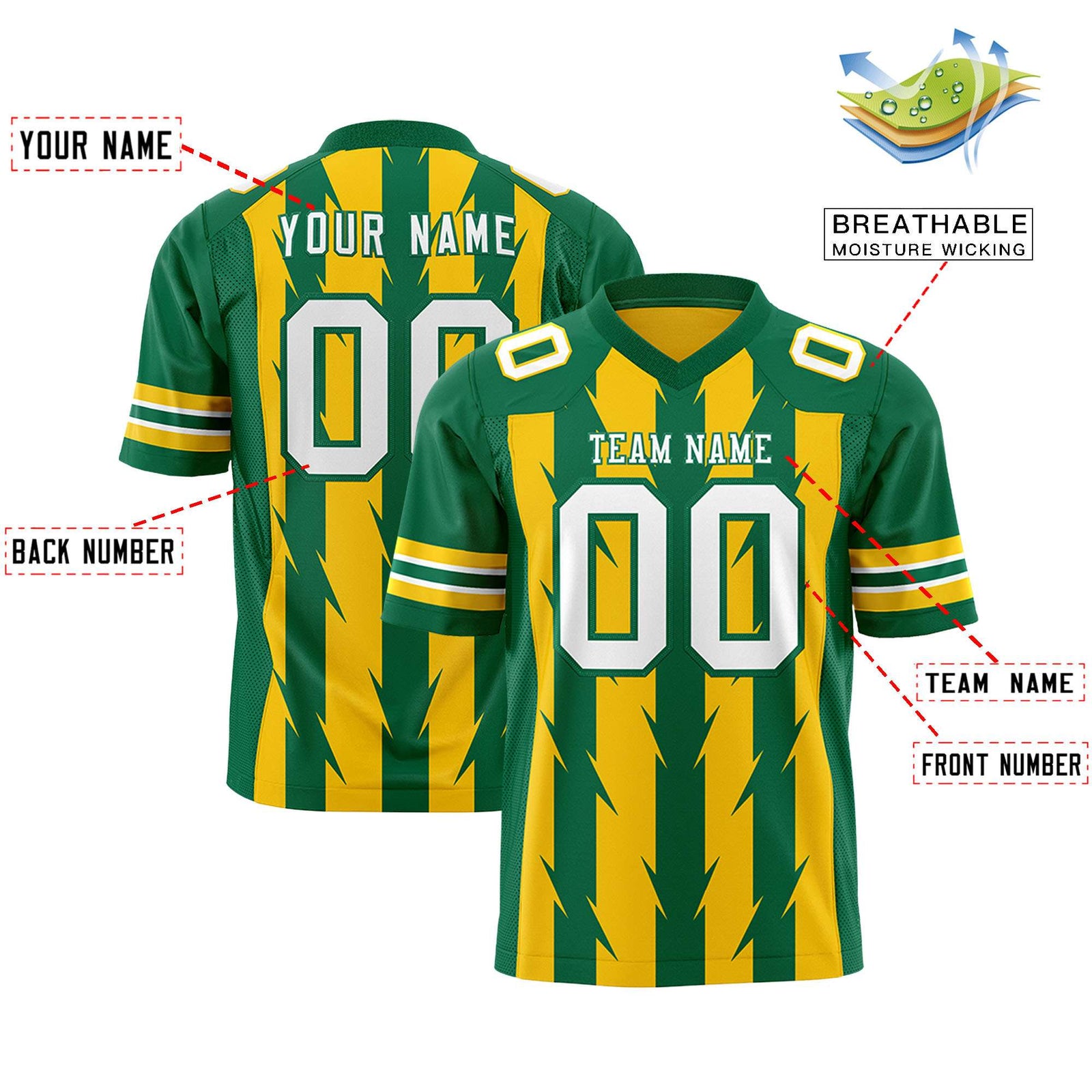 Custom Gold and Kelly Green Graffiti Pattern Practice Flag Football Jerseys For Youth & Mens| KXKSHOP