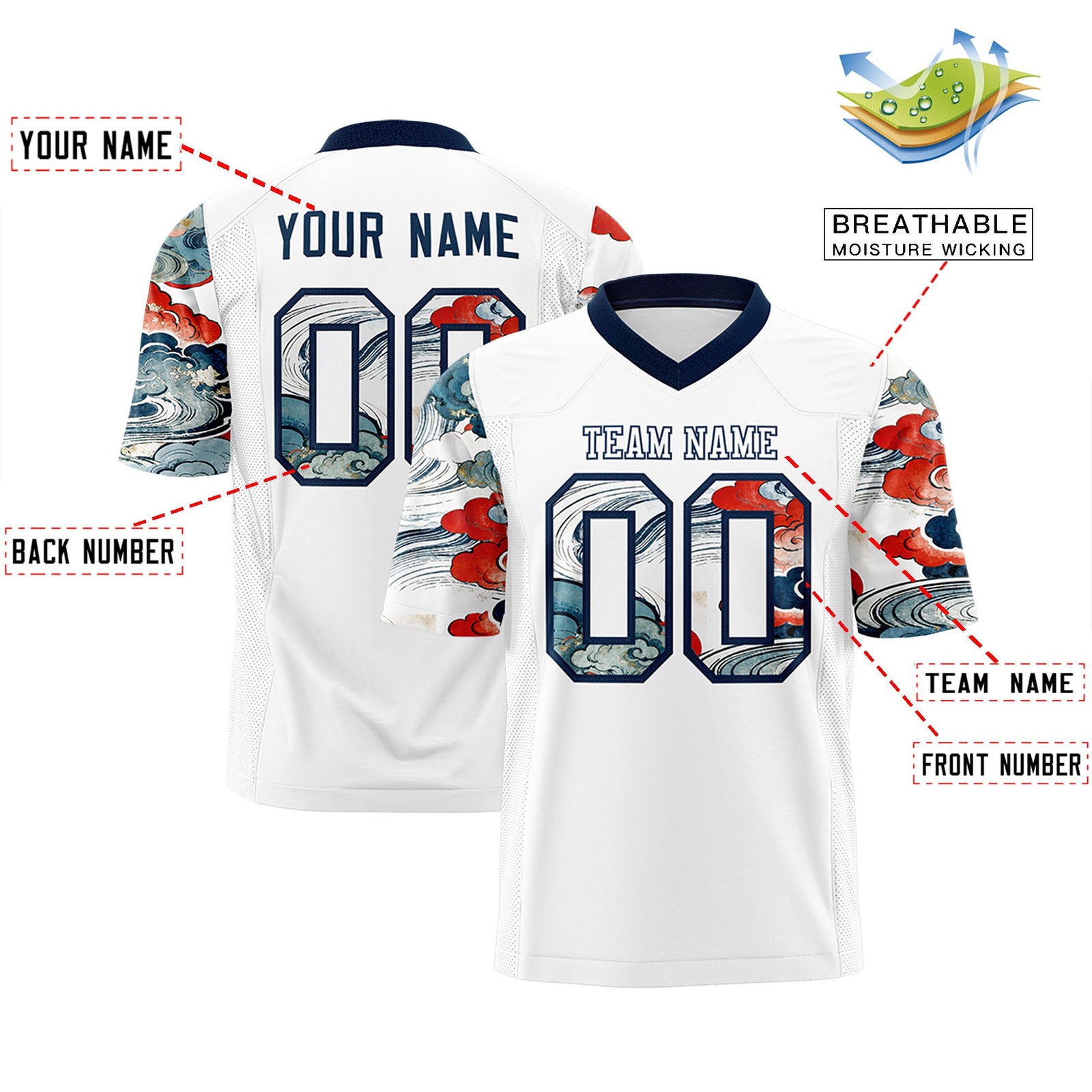 Custom White Navy Sleeve Ukiyo-e Auspicious Clouds Graffiti Pattern Football Jersey | For Men,For Women | KXKSHOP