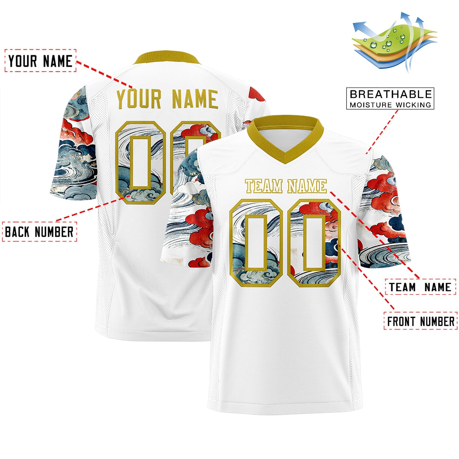 Custom White Old Gold Sleeve Ukiyo-e Auspicious Clouds Graffiti Pattern Football Jersey | For Men,For Women | KXKSHOP