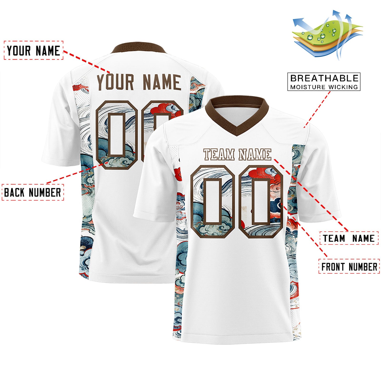 Custom White Light Brown Ukiyo-e Auspicious Clouds Graffiti Pattern Football Jersey | For Men,For Women | KXKSHOP