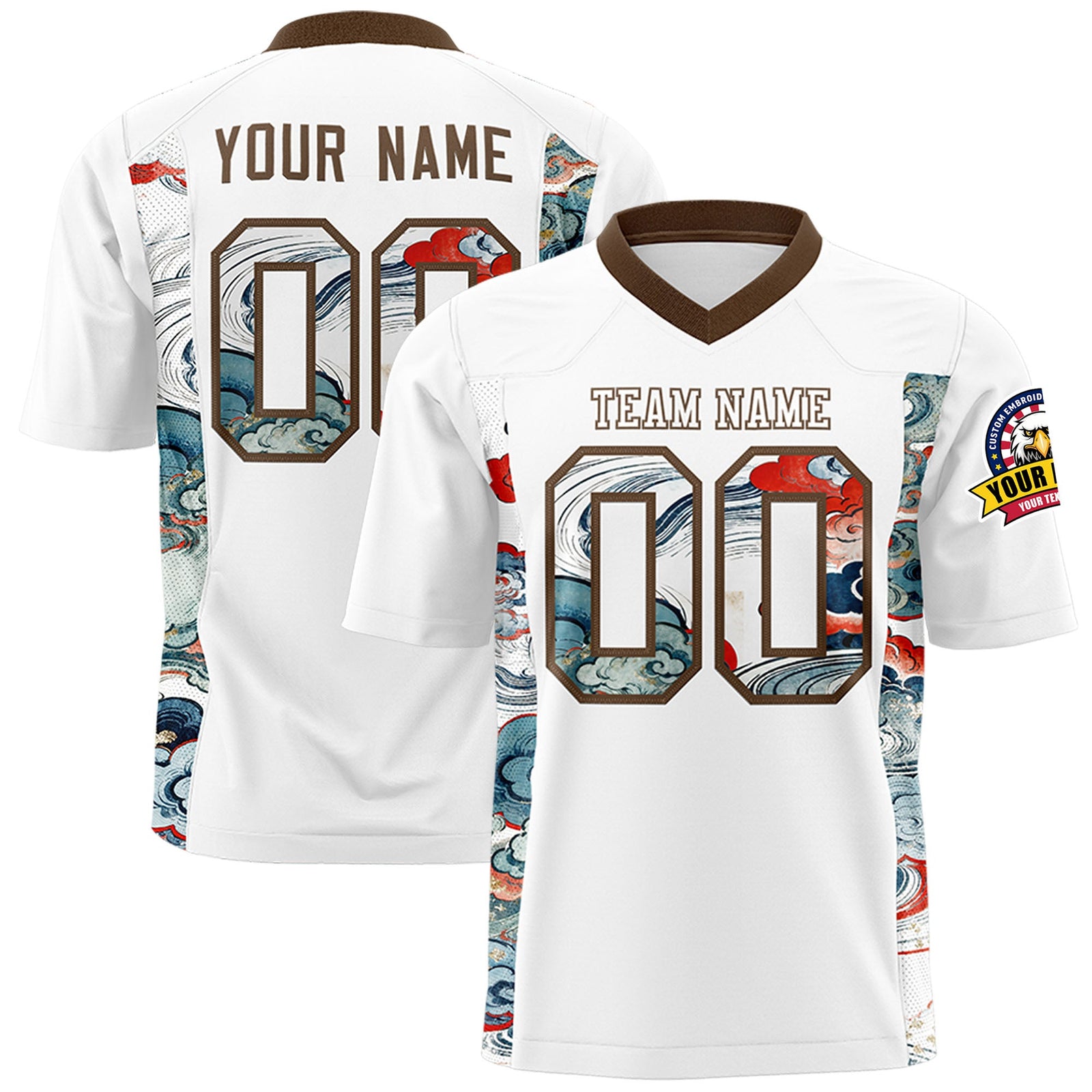 Custom White Light Brown Ukiyo-e Auspicious Clouds Graffiti Pattern Football Jersey | For Men,For Women | KXKSHOP