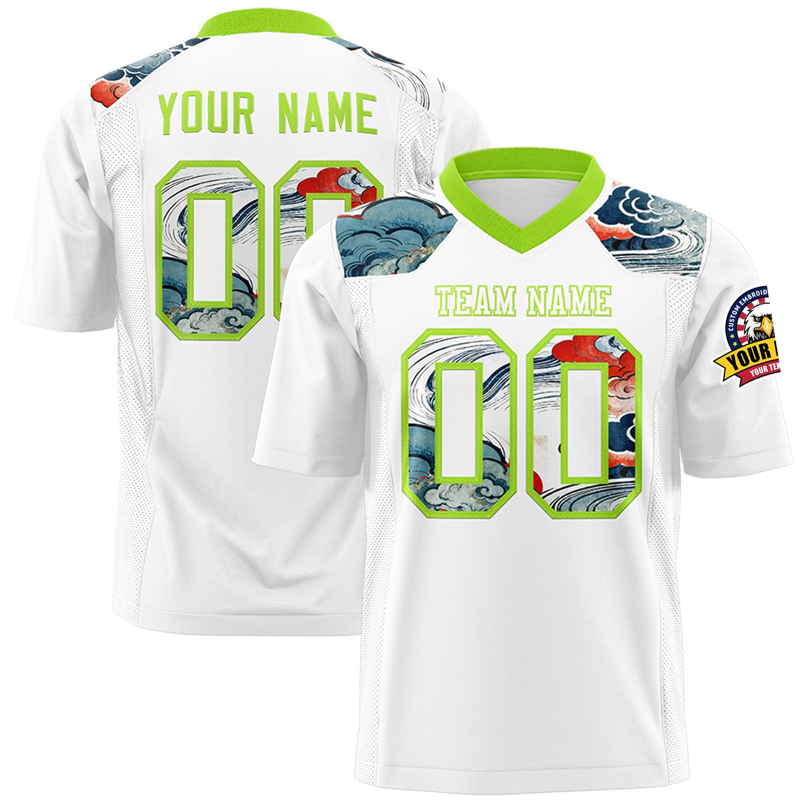 Custom Neon Green White Ukiyo-e Auspicious Clouds Graffiti Pattern Football Jersey | For Men,For Women | KXKSHOP