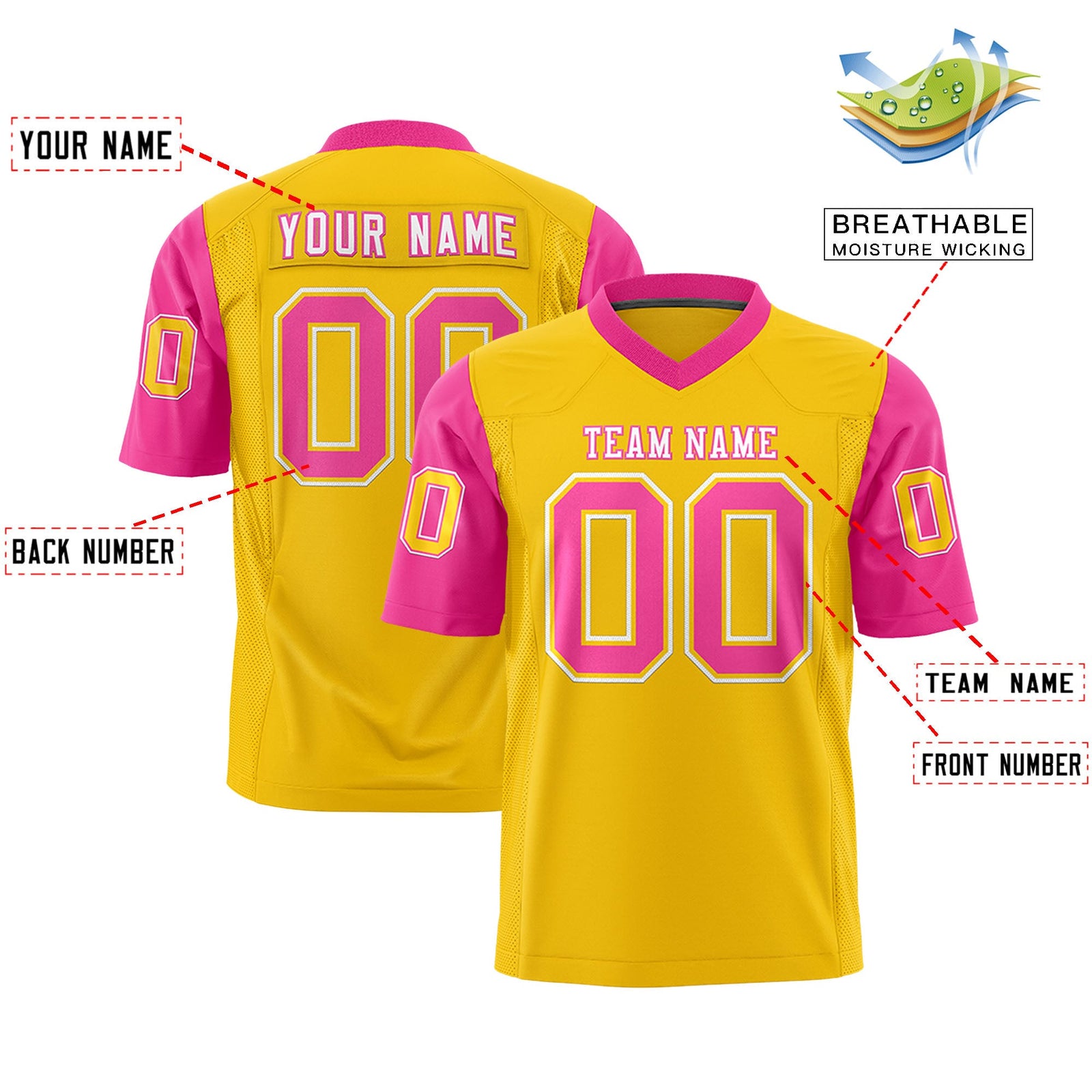 Custom Gold Pink Personalized Raglan Sleeves Design Authentic Football Jersey