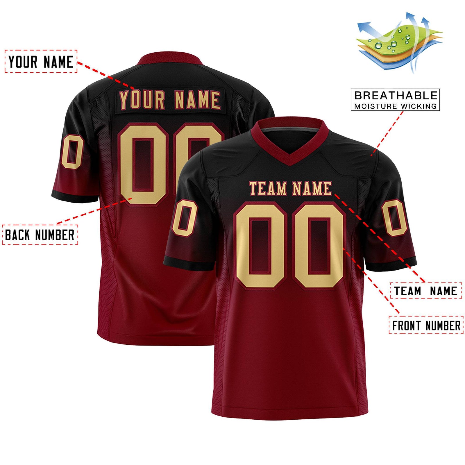 Custom Black Crimson Gradient Fashion Personalized Authentic Football Jersey
