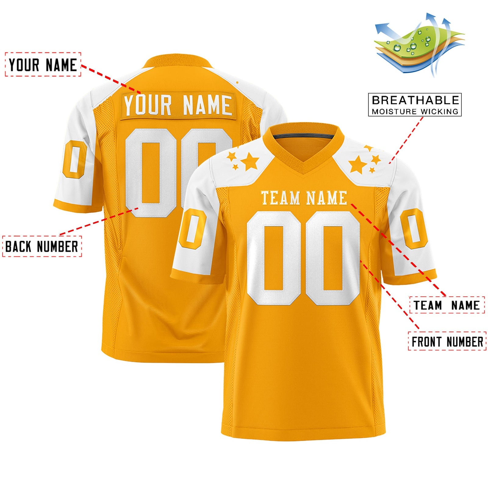 Custom Yellow White Personalized Shoulder Star Pattern Authentic Flag Football Jersey