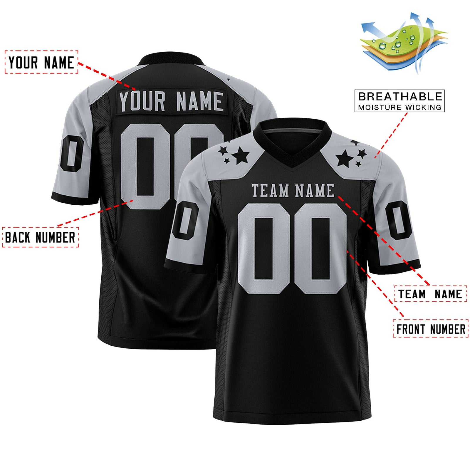 Custom Black Gray Personalized Shoulder Star Pattern Authentic Flag Football Jersey