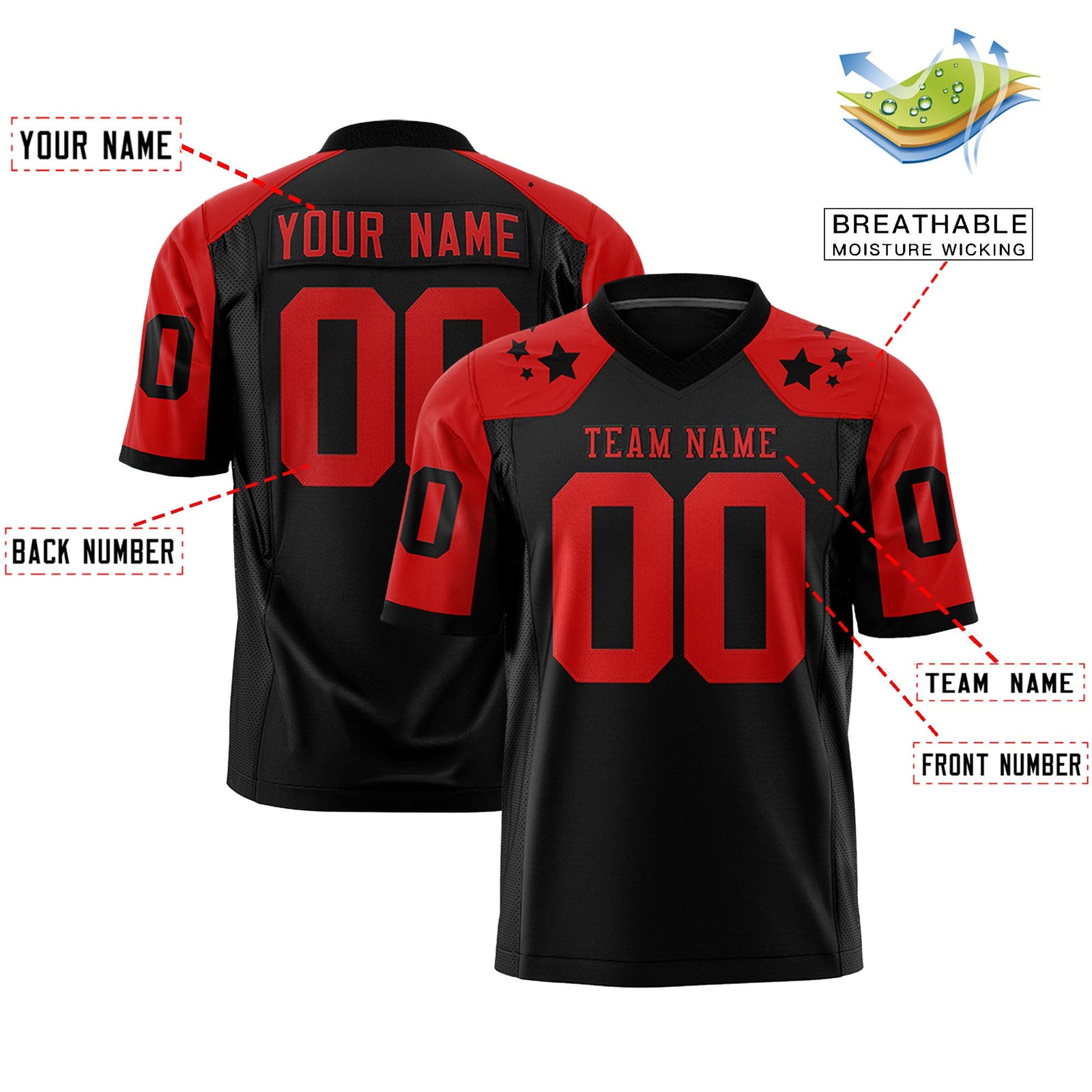 Custom Black Red Personalized Shoulder Star Pattern Authentic Flag Football Jersey