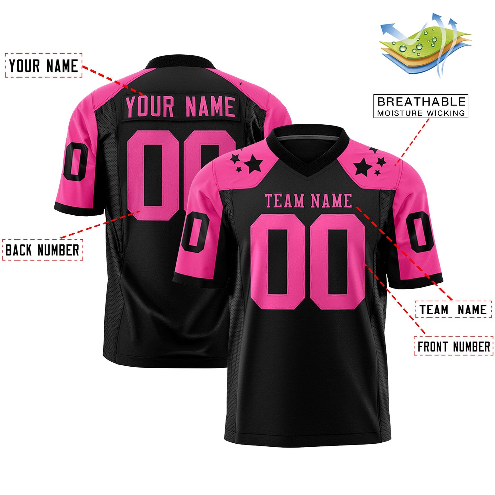 Custom Black Pink Personalized Shoulder Star Pattern Flag Football Jersey