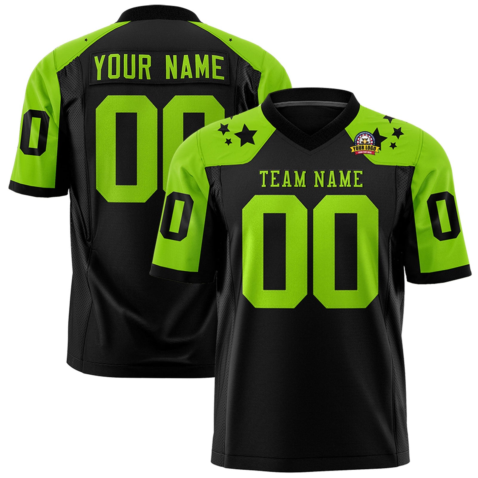 Custom Black Neon Green Personalized Shoulder Star Pattern Authentic Flag Football Jersey