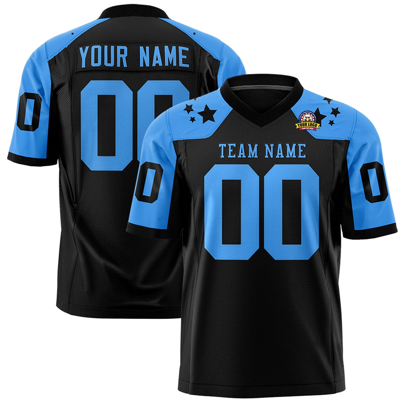 Custom Black Powder Blue Personalized Shoulder Star Pattern Authentic Flag Football Jersey