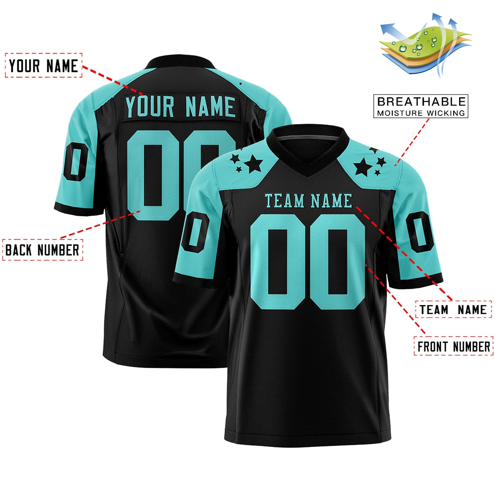 Custom Black Bright Green Personalized Shoulder Star Pattern Authentic Flag Football Jersey