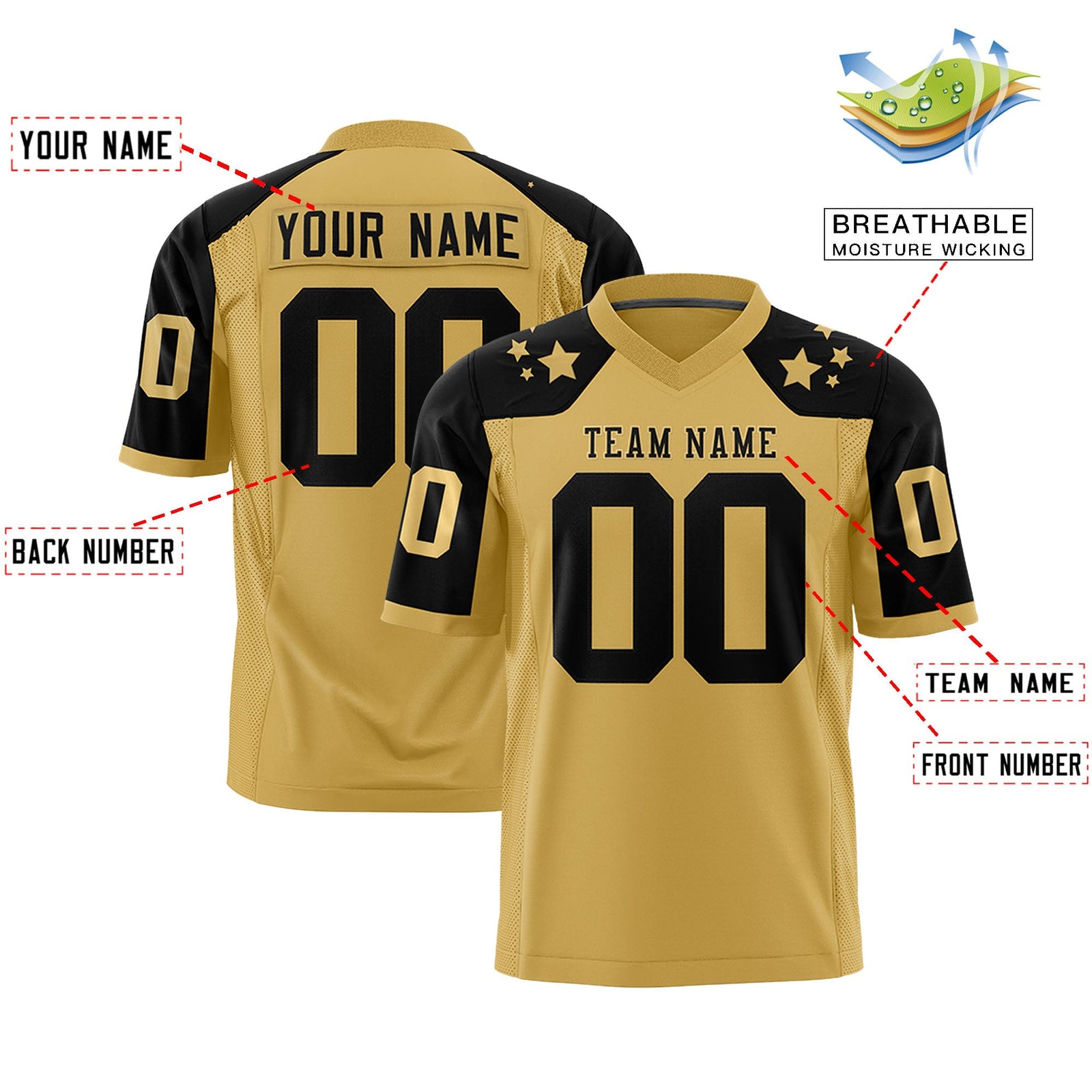 Custom Old Gold Black Personalized Shoulder Star Pattern Authentic Flag Football Jersey