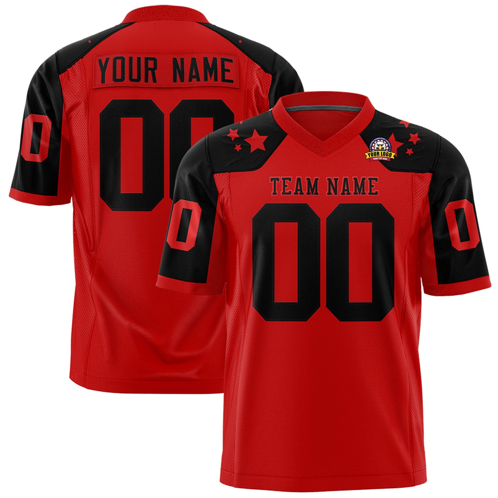 Custom Red Black Personalized Shoulder Star Pattern Authentic Flag Football Jersey