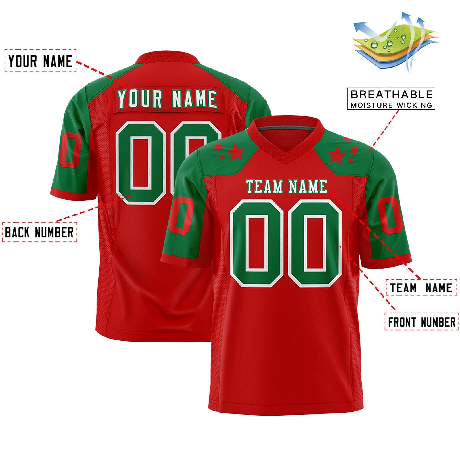 Custom Red Kelly Green Personalized Shoulder Star Pattern Flag Football Jersey