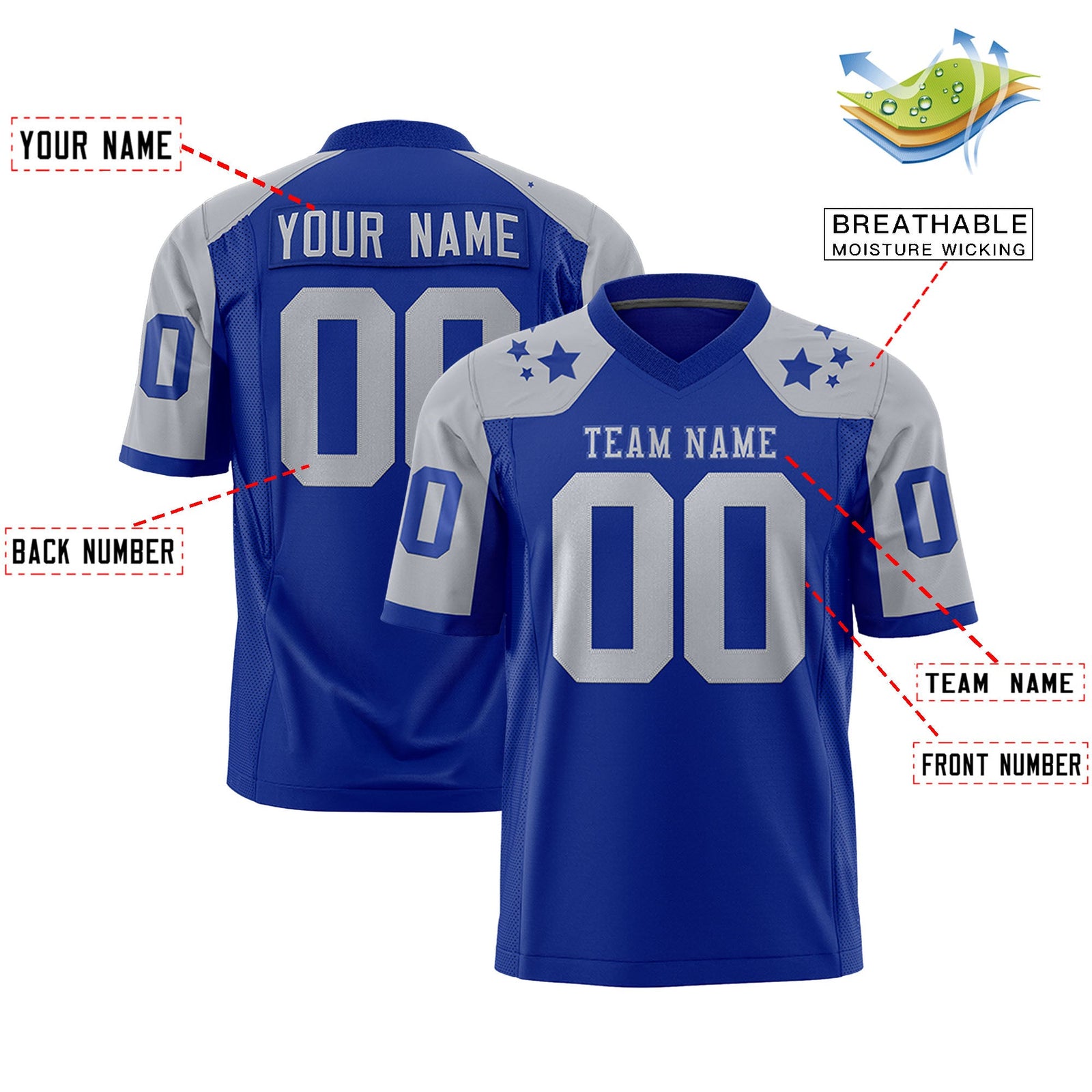 Custom Royal Gray Personalized Shoulder Star Pattern Authentic Flag Football Jersey