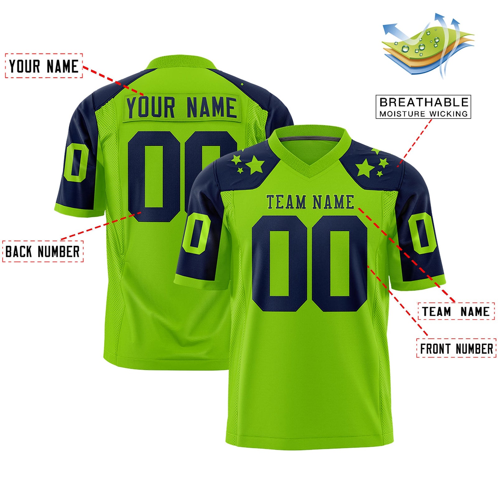 Custom Neon Green Navy Personalized Shoulder Star Pattern Authentic Flag Football Jersey