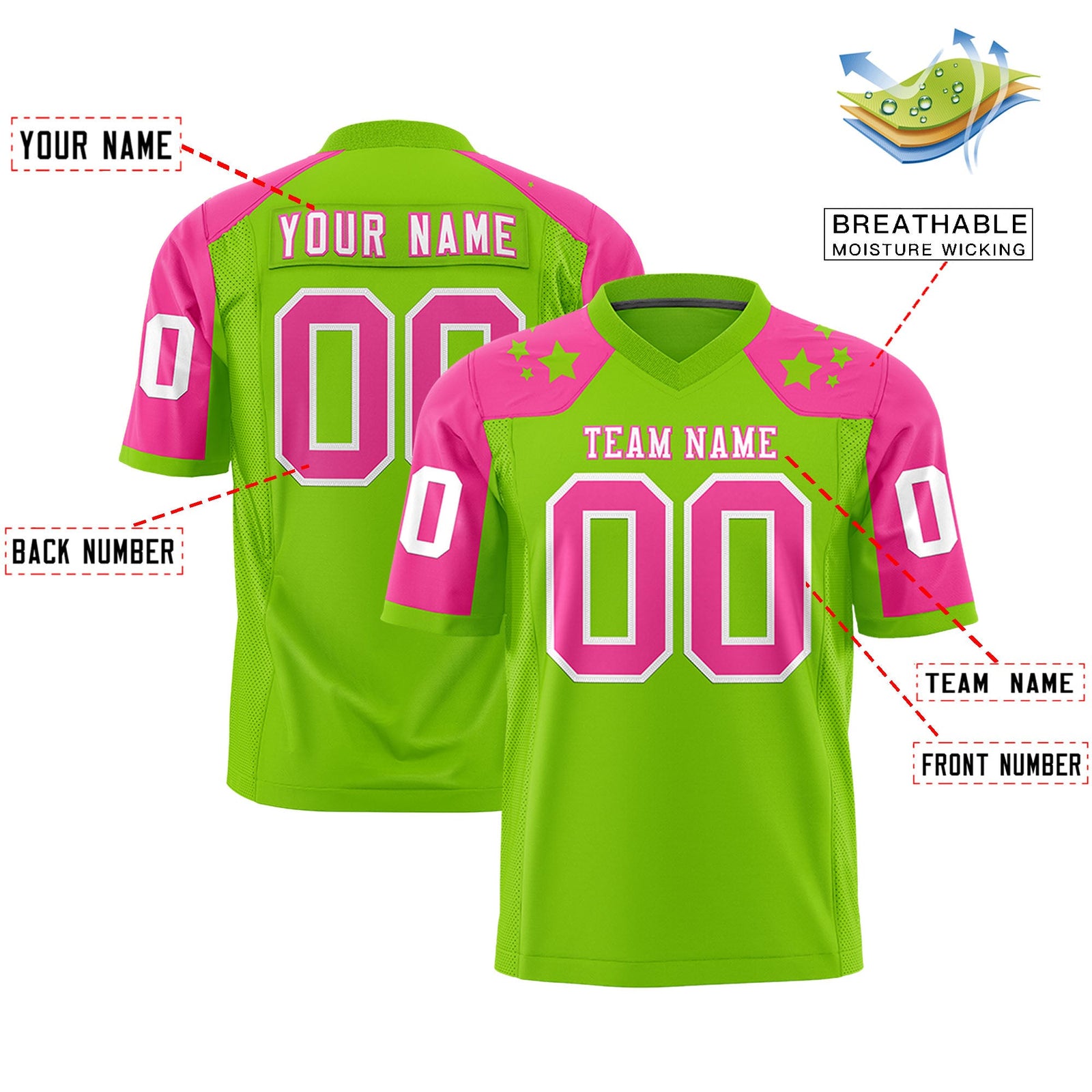 Custom Neon Green Pink Personalized Shoulder Star Pattern Authentic Flag Football Jersey