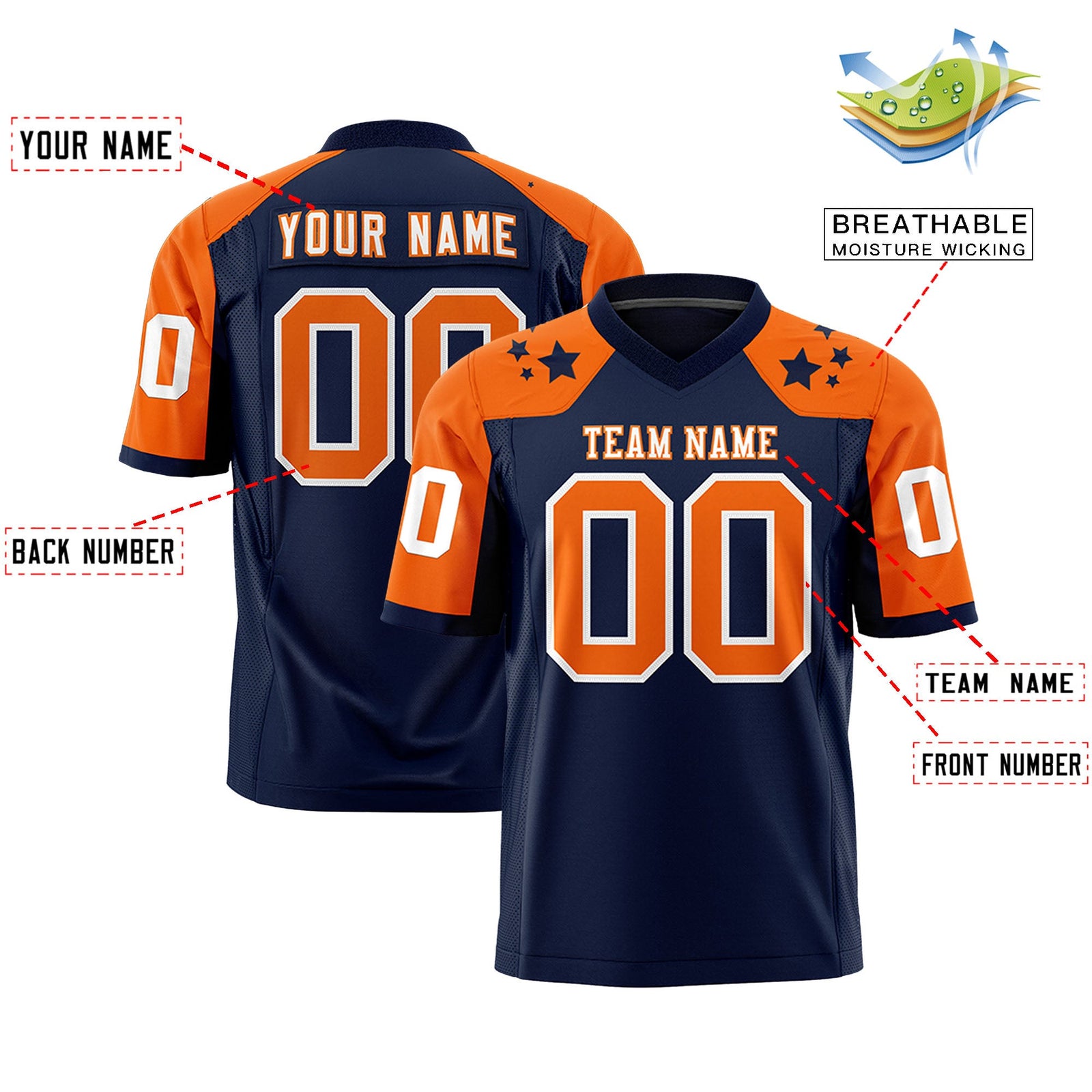 Custom Navy Orange Personalized Shoulder Star Pattern Authentic Flag Football Jersey