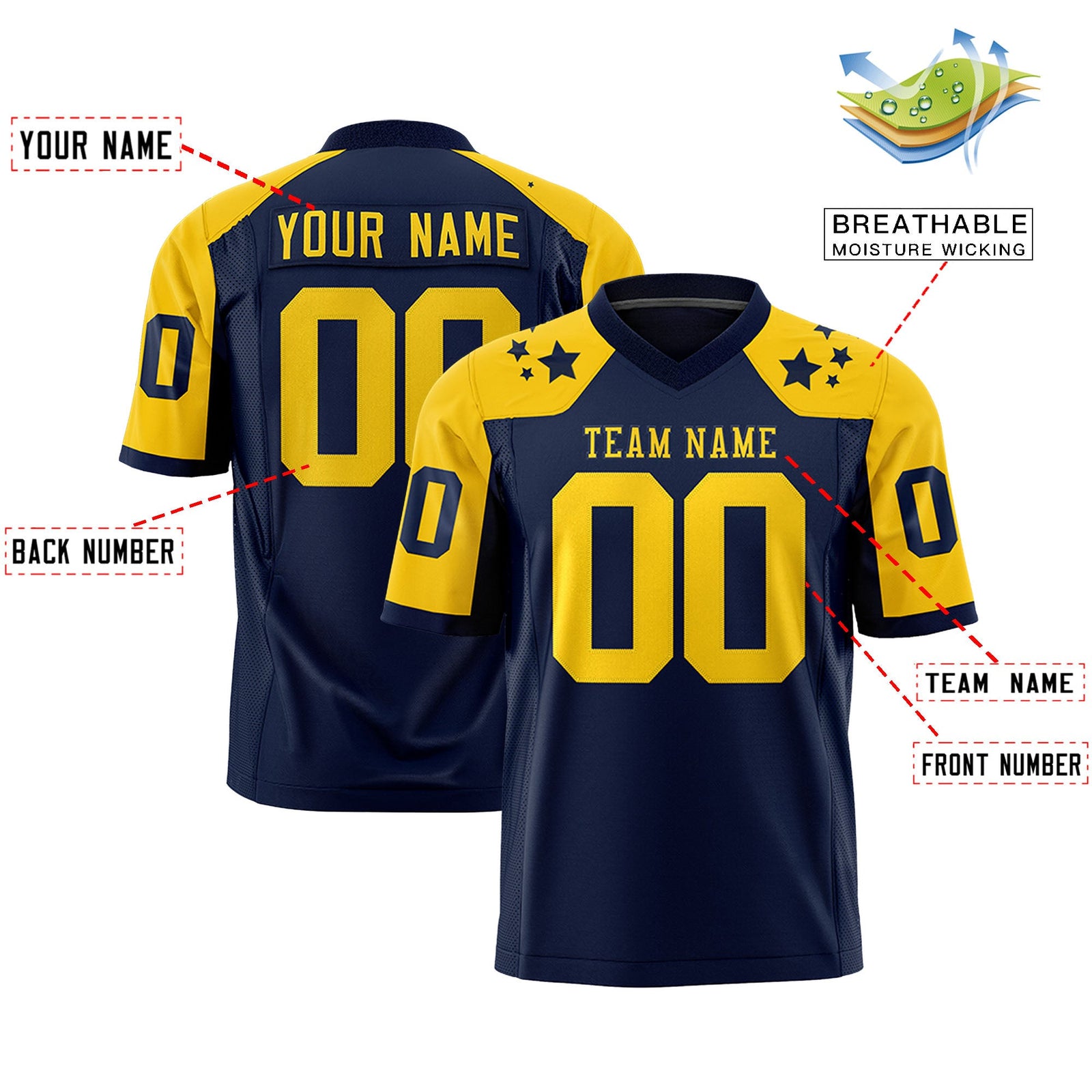 Custom Navy Gold Personalized Shoulder Star Pattern Authentic Flag Football Jersey