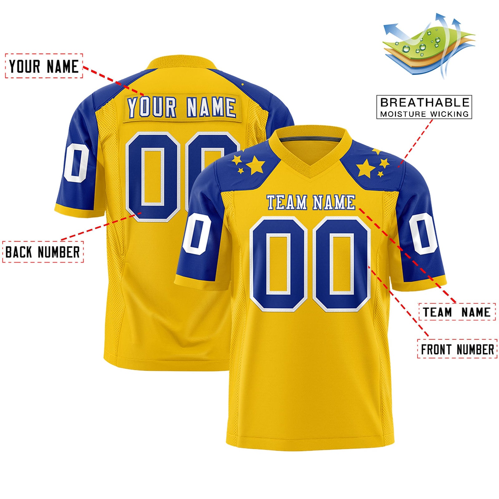 Custom Gold Royal Personalized Shoulder Star Pattern Authentic Flag Football Jersey