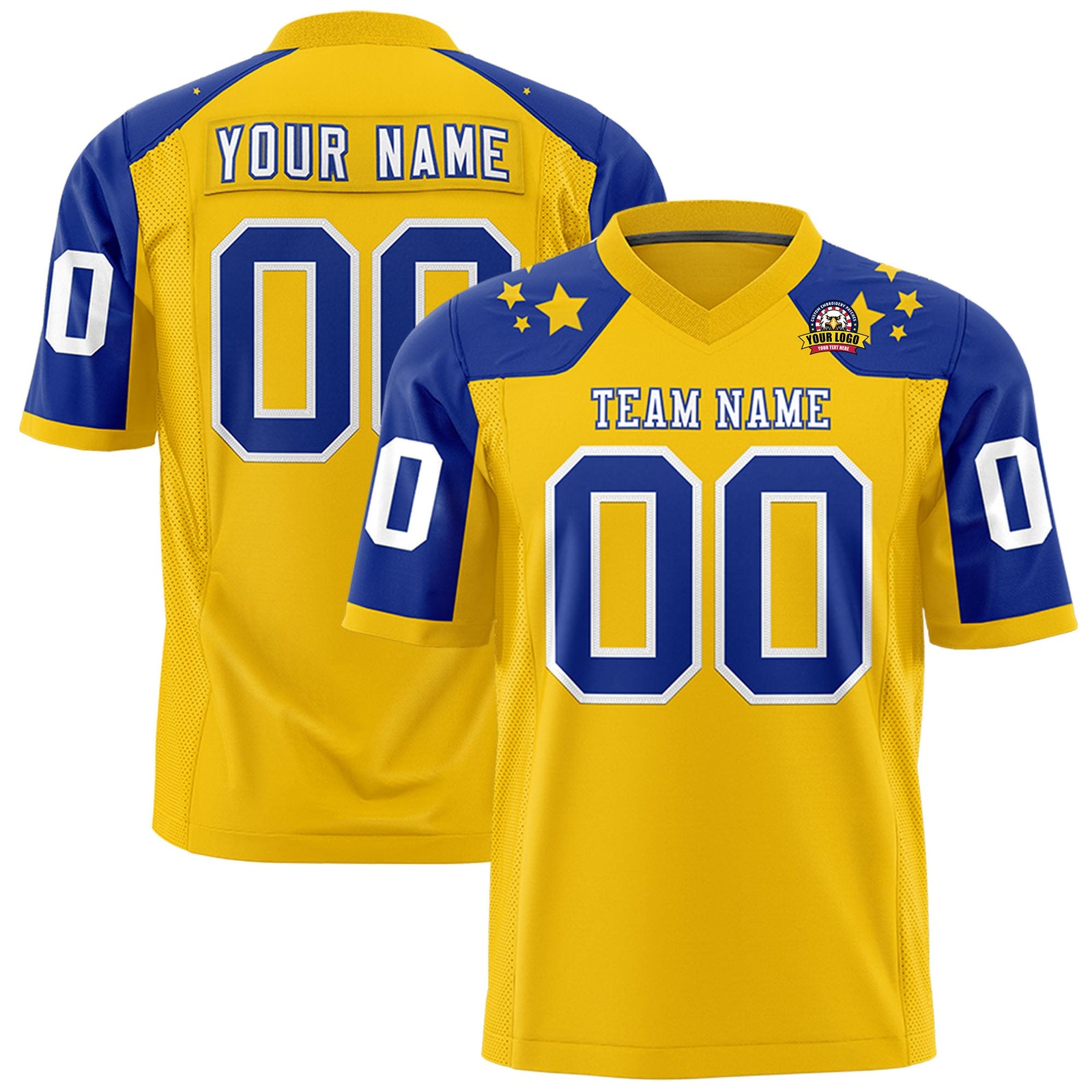 Custom Gold Royal Personalized Shoulder Star Pattern Authentic Flag Football Jersey