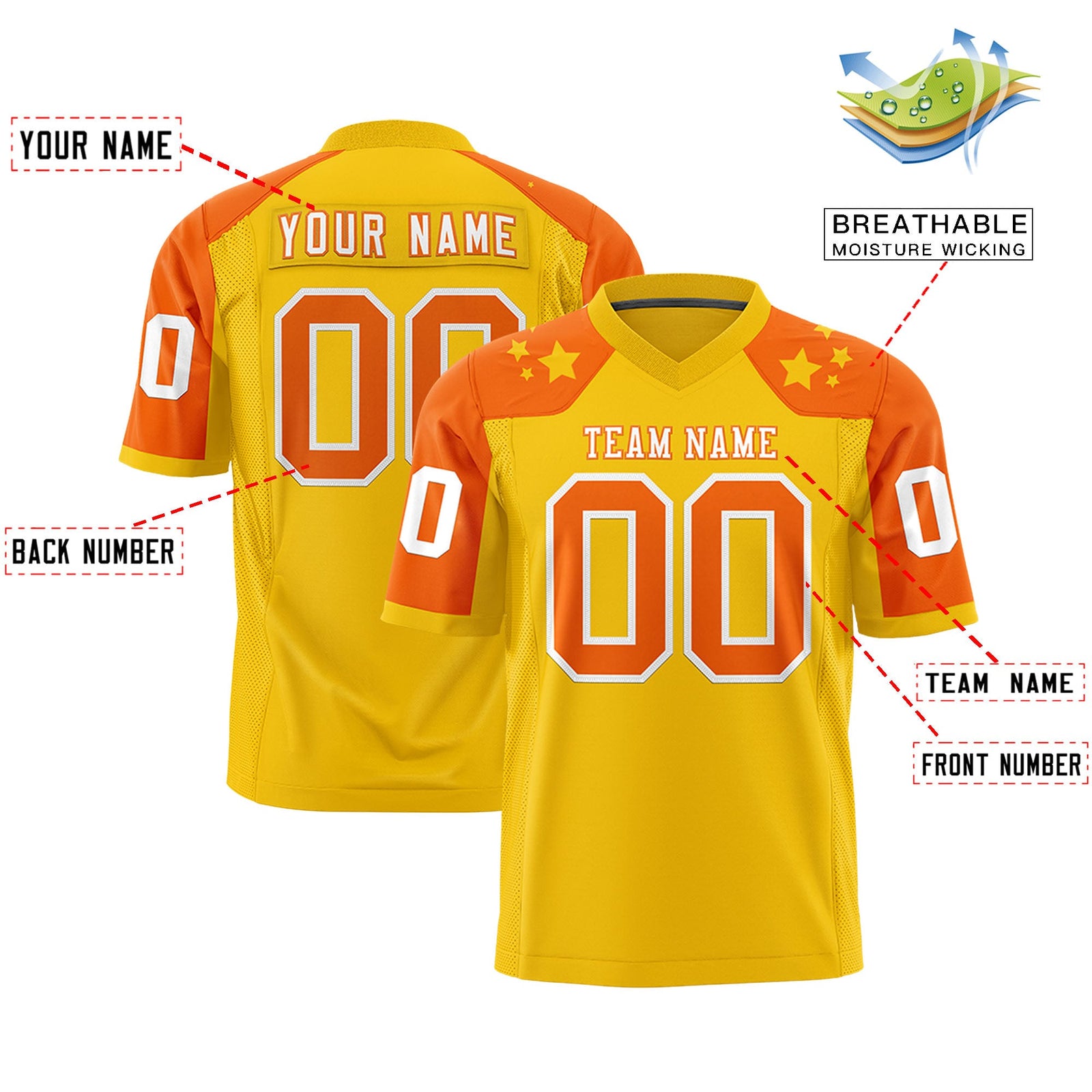 Custom Gold Orange Personalized Shoulder Star Pattern Authentic Flag Football Jersey
