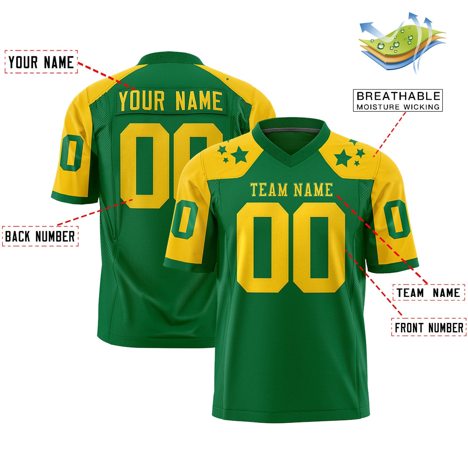 Custom Kelly Green Gold Personalized Shoulder Star Pattern Authentic Flag Football Jersey
