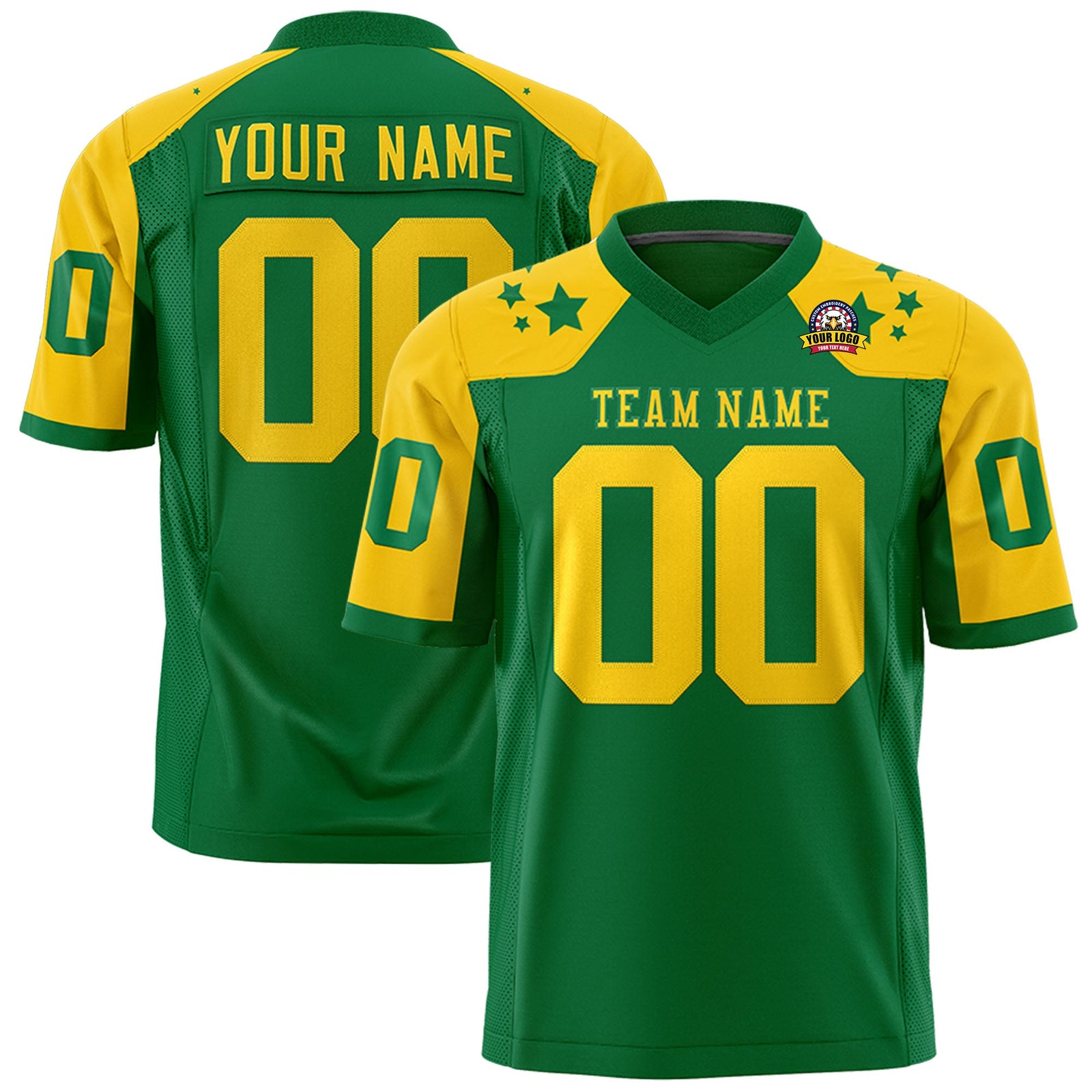 Custom Kelly Green Gold Personalized Shoulder Star Pattern Authentic Flag Football Jersey
